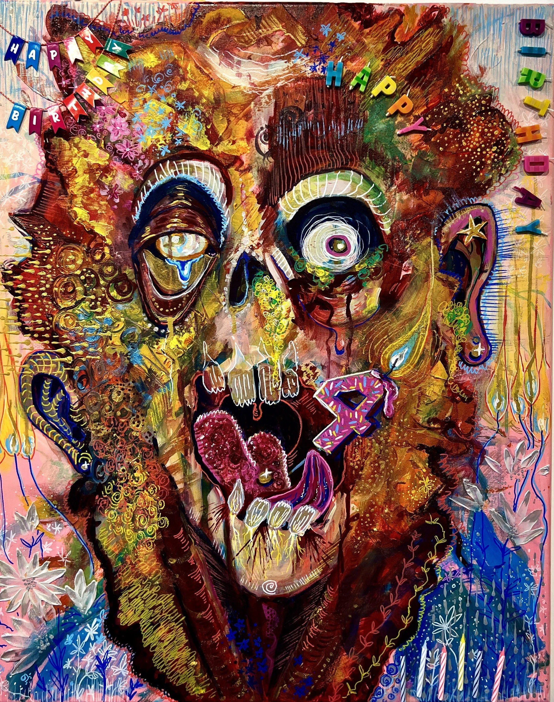 Birthday Guy?! |
Acrylic, wax candles, and heavy medium on canvas, 24 x 30" 
2024