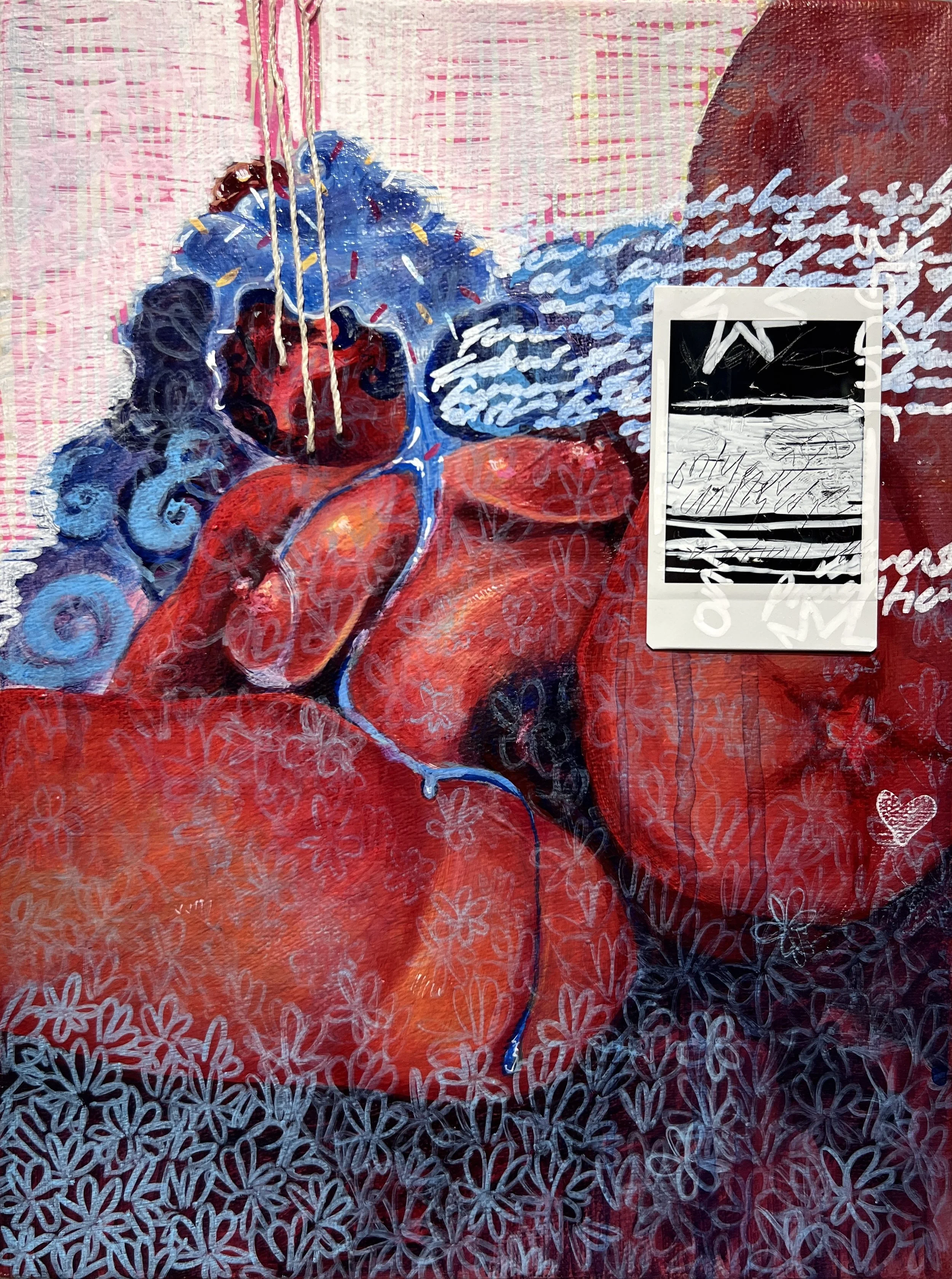 Words, Twine, Full Spread, Polaroid |
Acrylic, hemp twine, and polaroid on canvas, 9 x 12"
2026