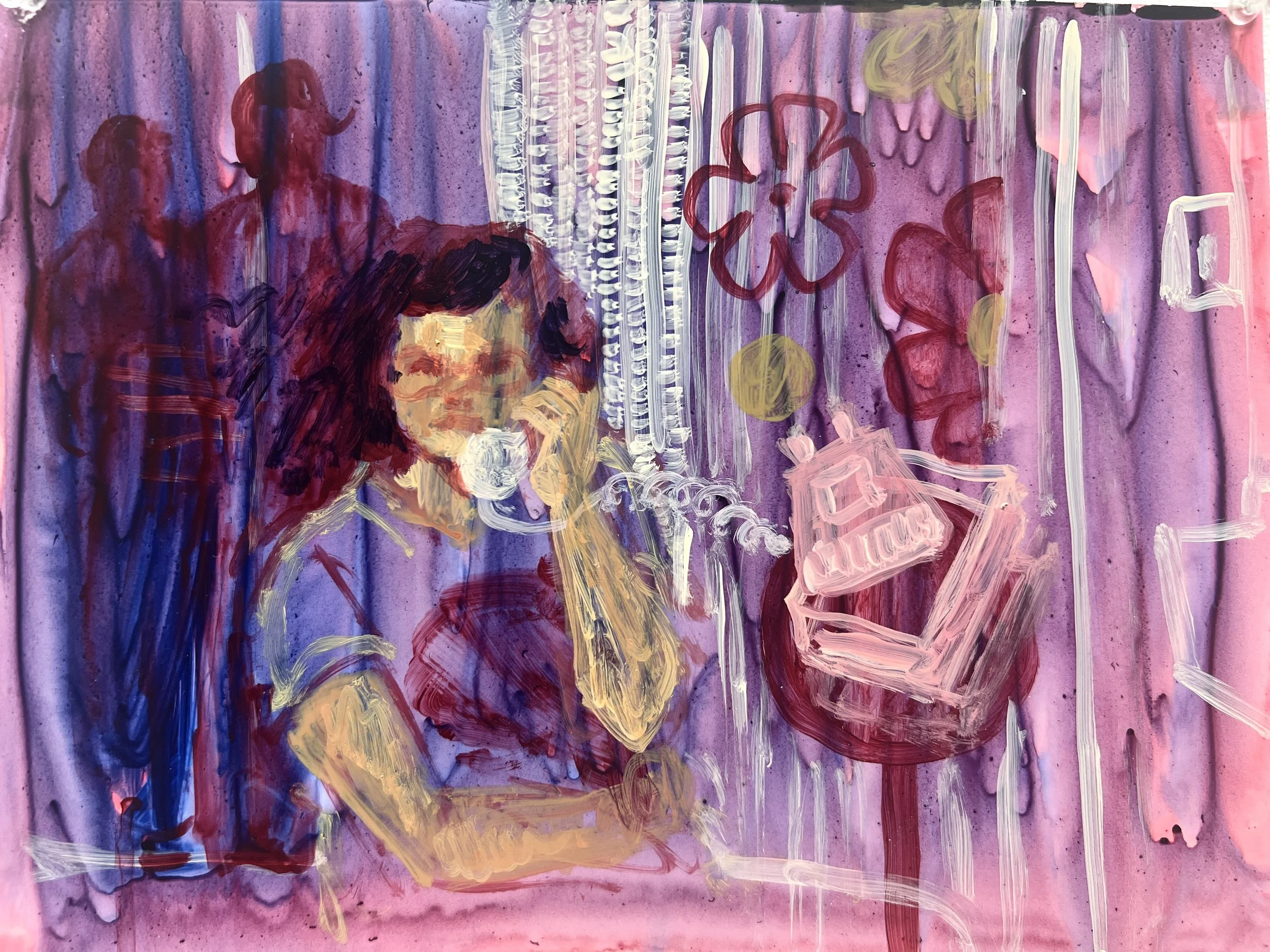 Beverly Makes a Phonecall in the 60s (Kitchen Furniture) |
Acrylic on Yupo, 9 x 12"
2026