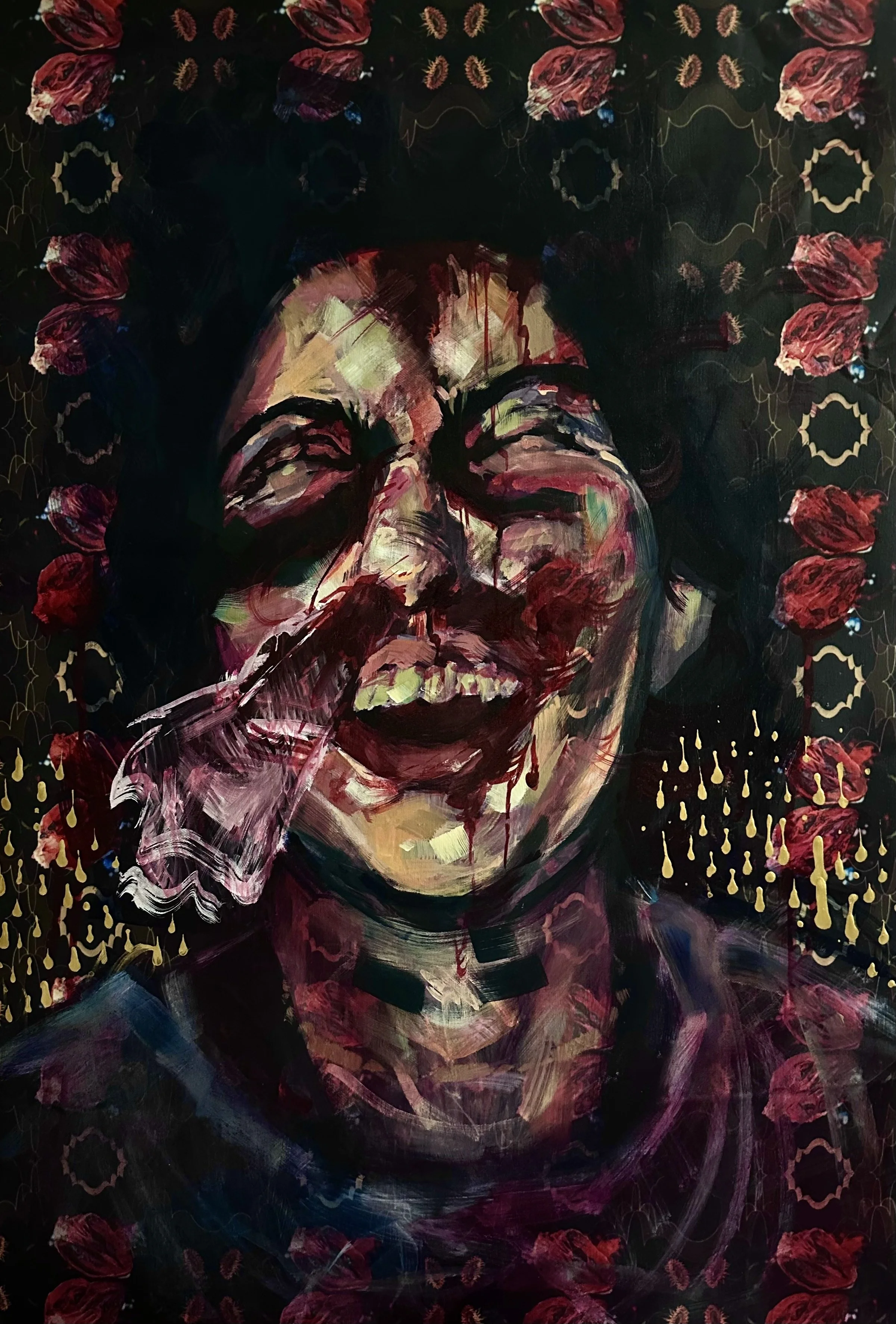 Quarrelling With the Bathroom Floor |
Acrylic on patterned polyester fabric, 16 x 24"
2025