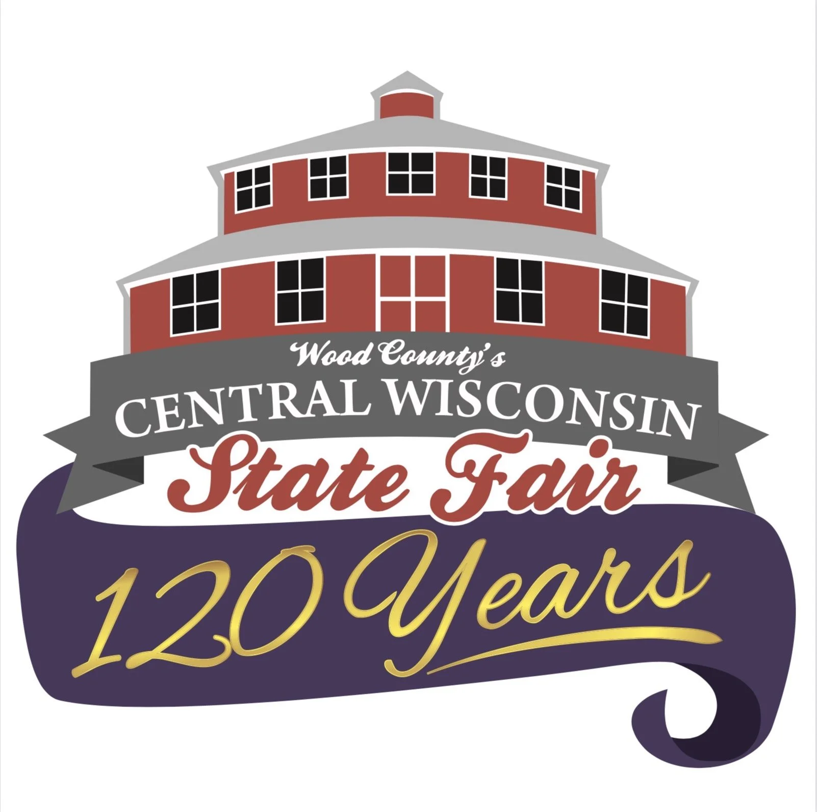 Logo for Wood County's Central Wisconsin State Fair, celebrating 120 years. Features a stylized depiction of a red barn or building with multiple windows, the event name, and the anniversary years.