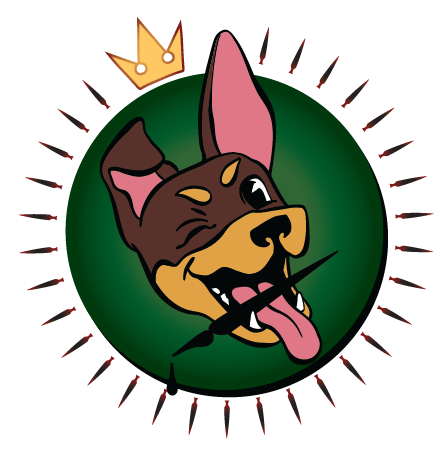 Cartoon image of a playful dog with a crown, winking and sticking out its tongue, inside a green circle.