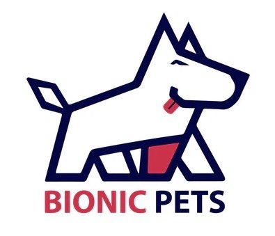 Logo of Bionic Pets featuring a stylized dog with a tail and a red tongue.