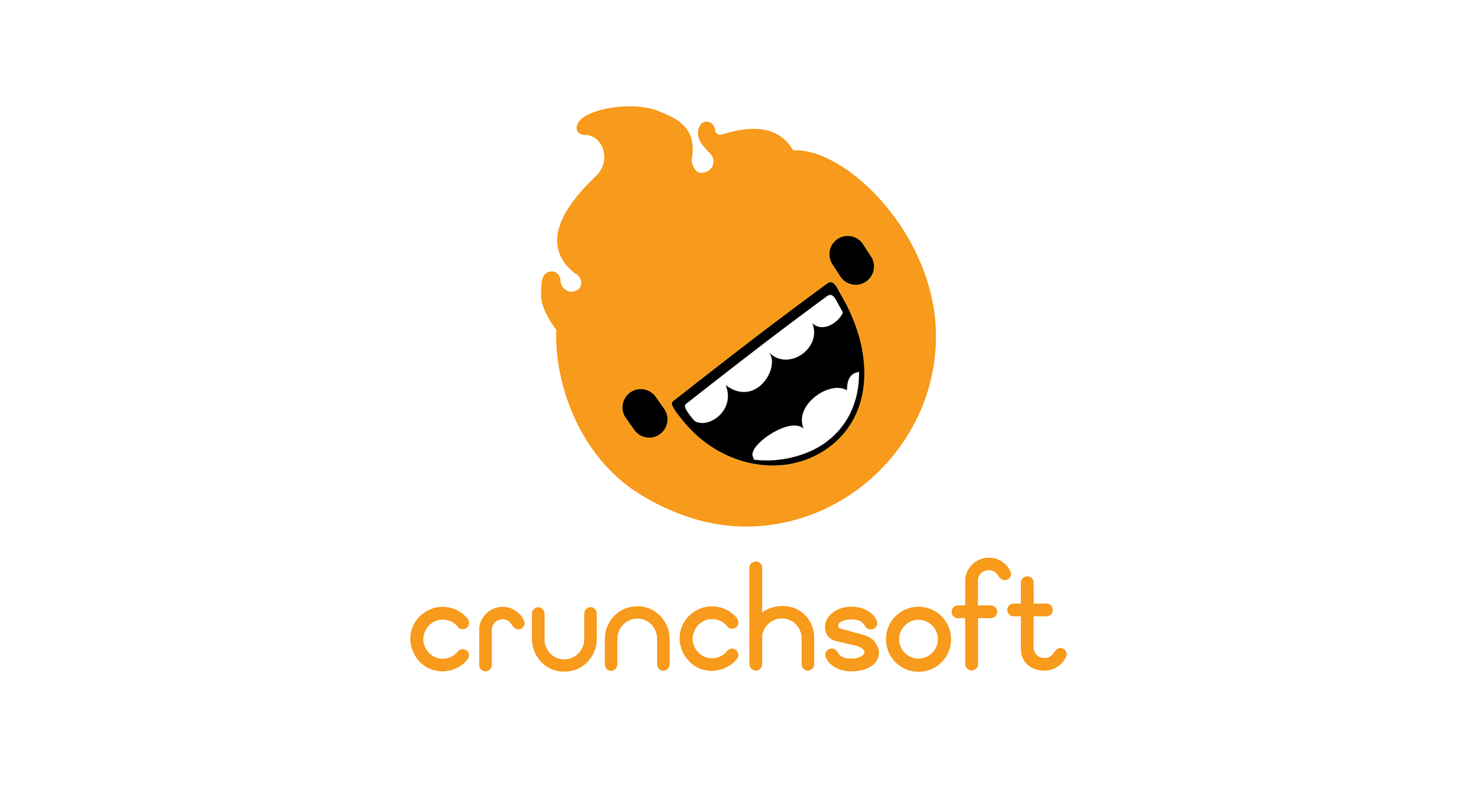 A cartoon orange character with a smiling face and a wavy hairdo, with the word 'crunchsoft' written below.