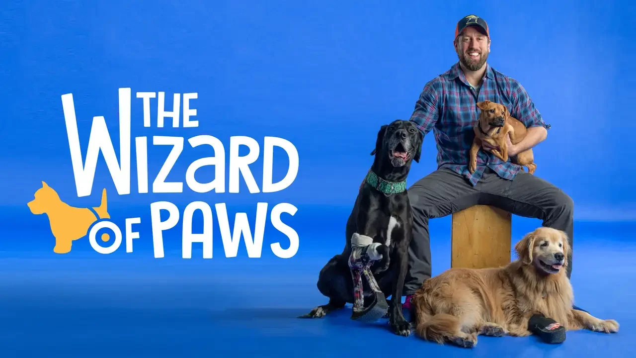 A man sitting on a wooden stool holding a small brown dog, surrounded by four larger dogs, against a blue background with the text 'The Wizard of Paws' and a dog silhouette with a wizard hat and matching circle on its nose.