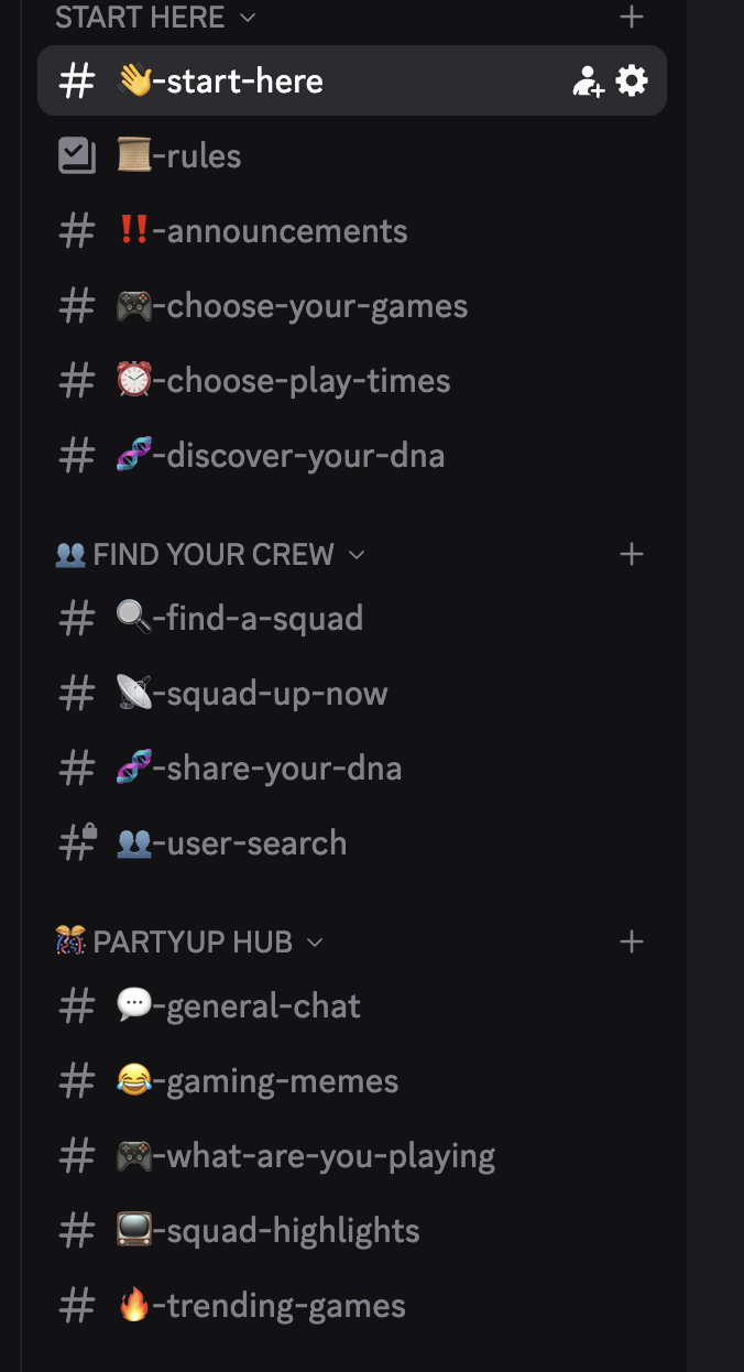 Screenshot of a Discord server sidebar with various channels under categories like start-here, find your crew, and partytup hub, including rules, announcements, choose your games, find a squad, share your DNA, user search, general chat, gaming memes, what are you playing, squad highlights, and trending games.