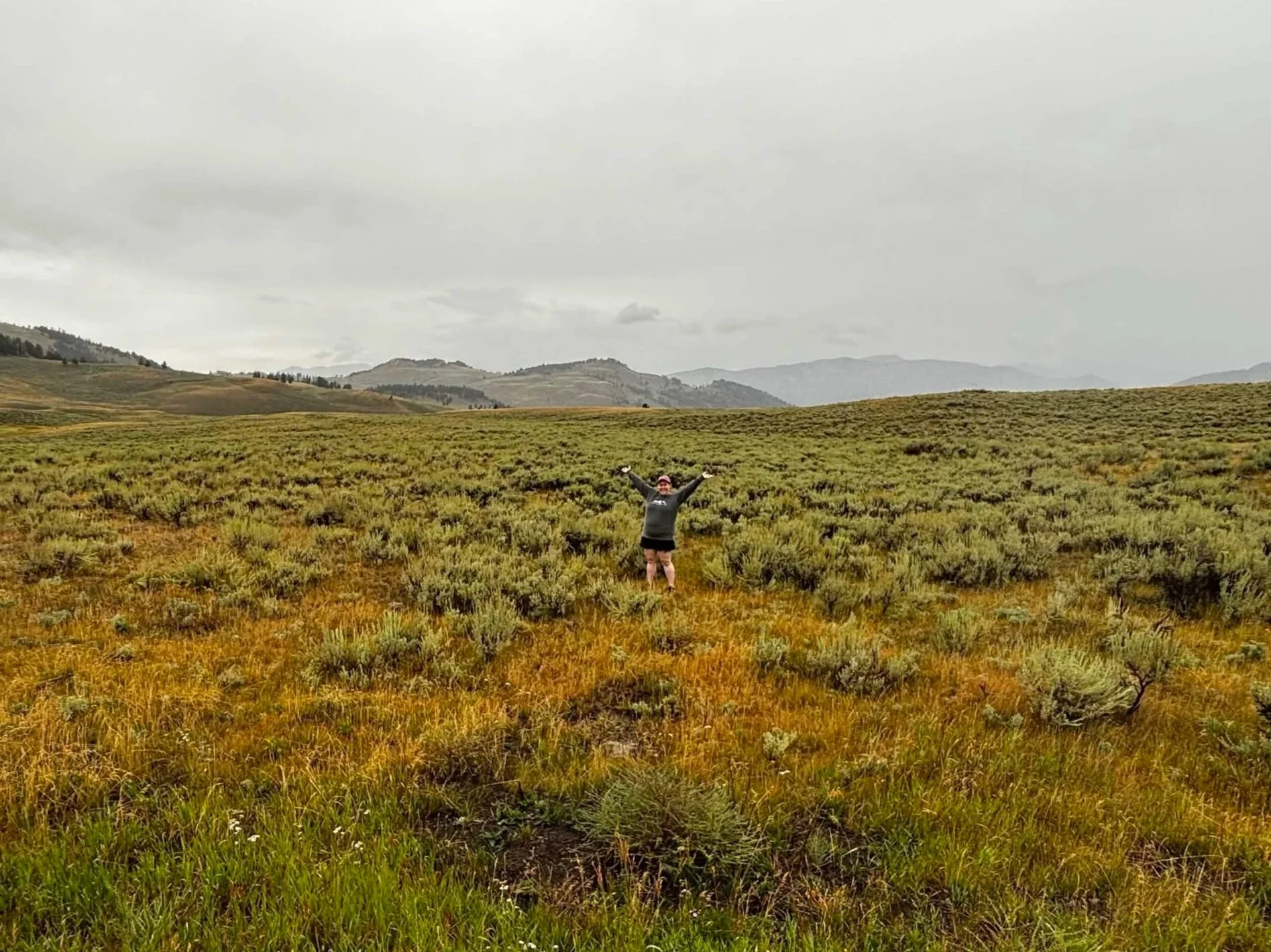 Aria standing in Yellowstone National Park with arms raised to a cloudy sky.