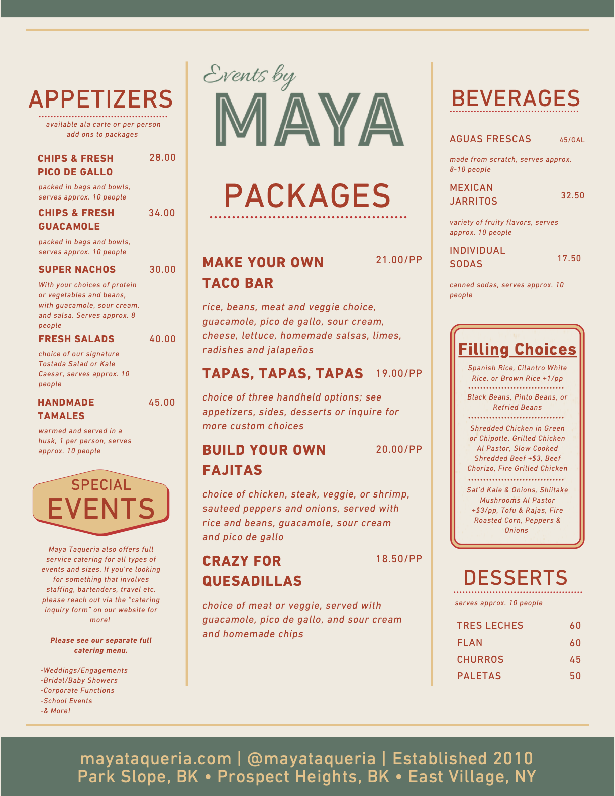 Menu for Mayta Taqueria with sections for Appetizers, Packages, Beverages, Filling Choices, and Desserts, featuring items like chips and fresh guacamole, build-your-own fajitas, Mexican Jarritos, and churros, with prices listed.