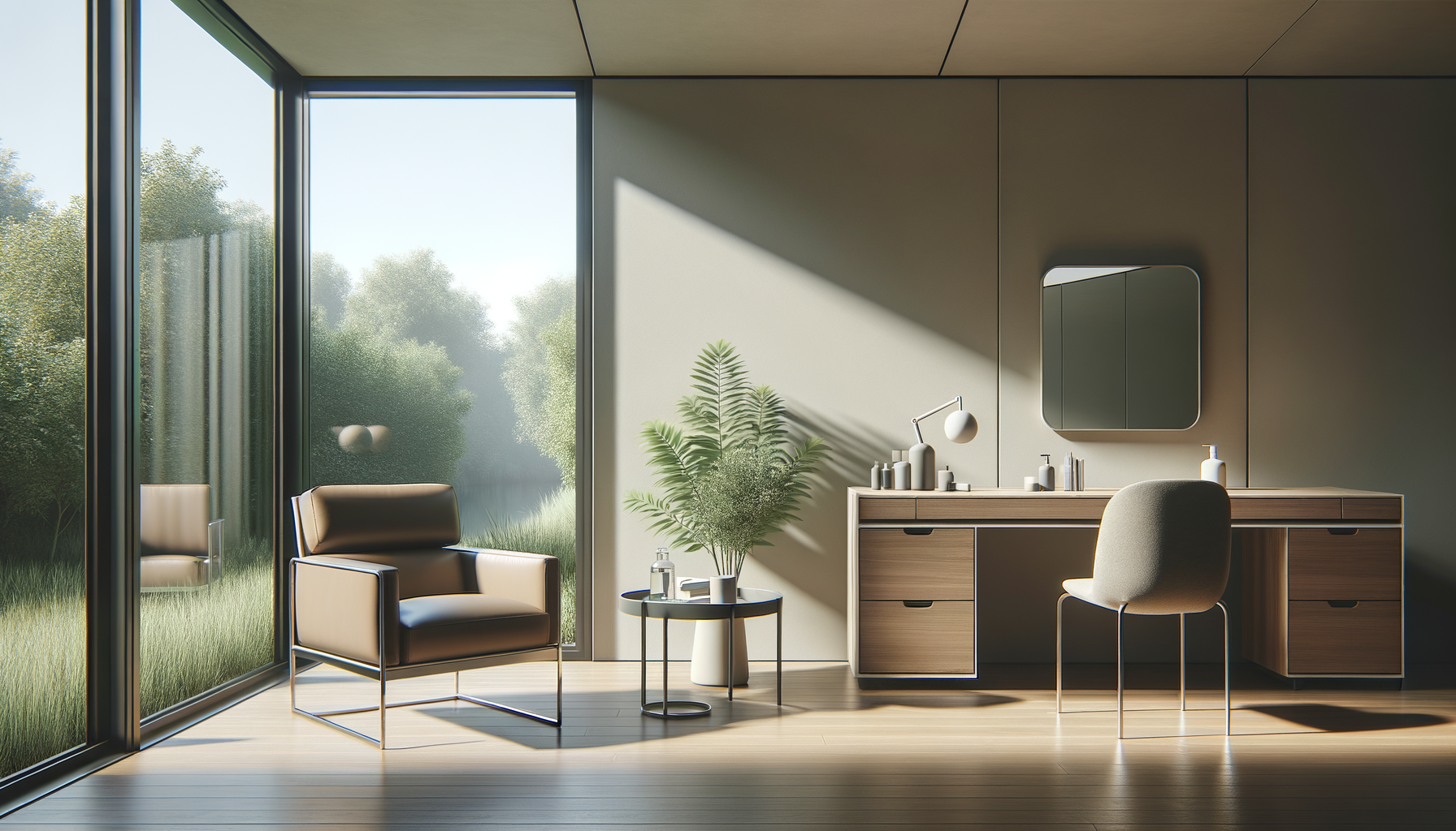 Modern interior room with a large window showing green trees outside. Contains a black armchair, a small round side table with a plant and a bottle of hand sanitizer, a desk with bottles and books, a mirror, an upholstered chair, and a potted plant.