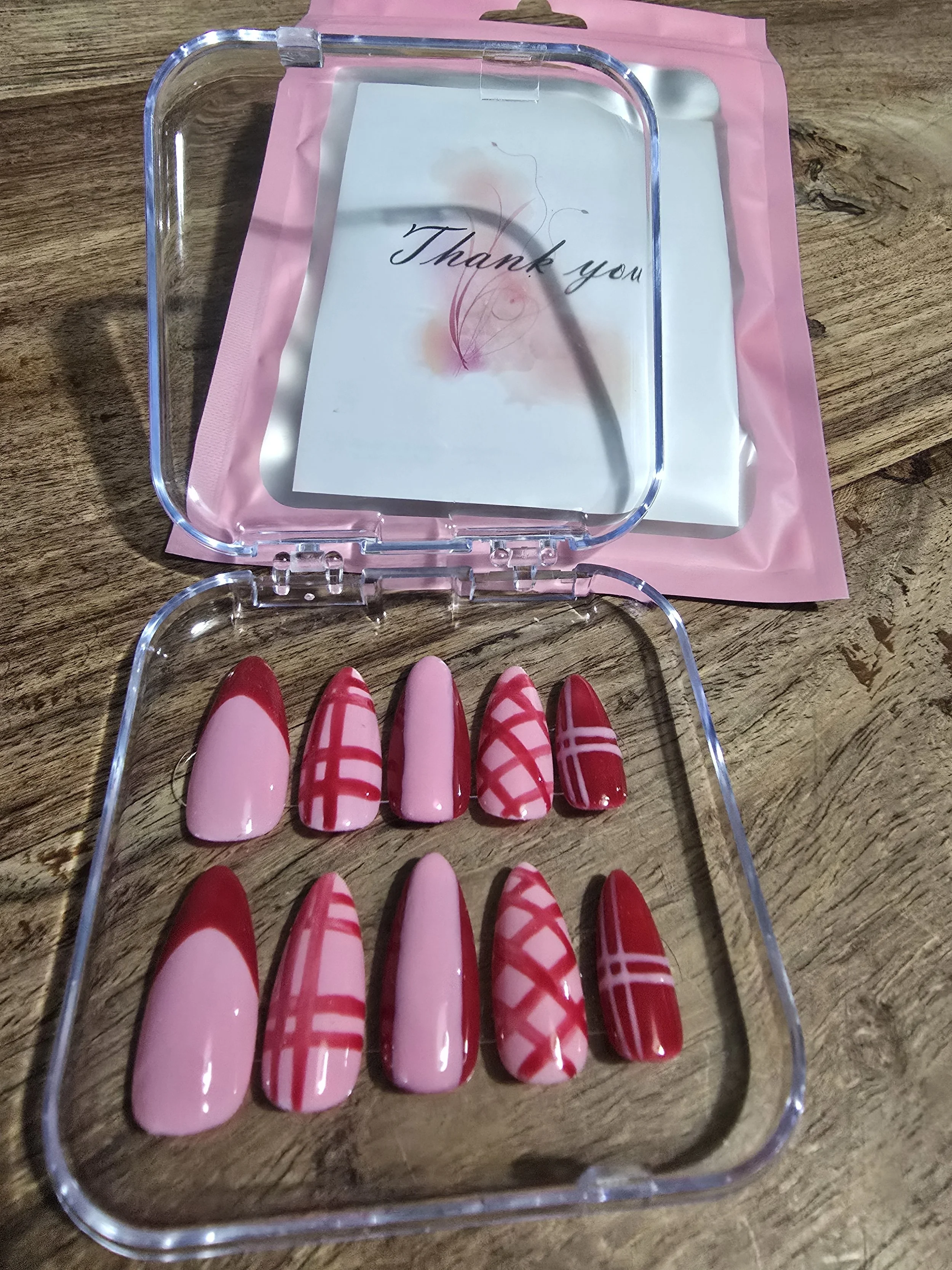 Pink and red striped press on nails