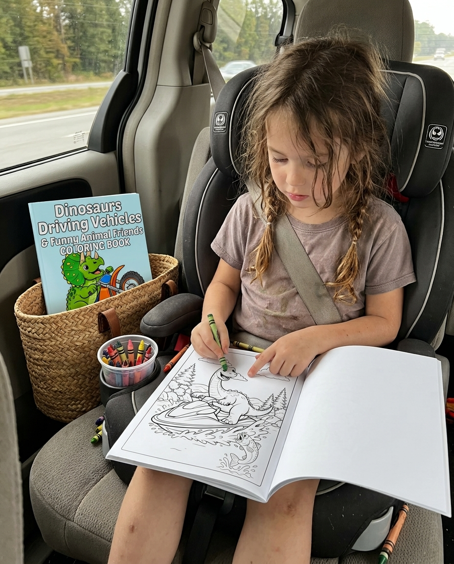 Child calmly coloring Dinosaurs Driving Vehicles Coloring Book by Ready Rabbit Creations