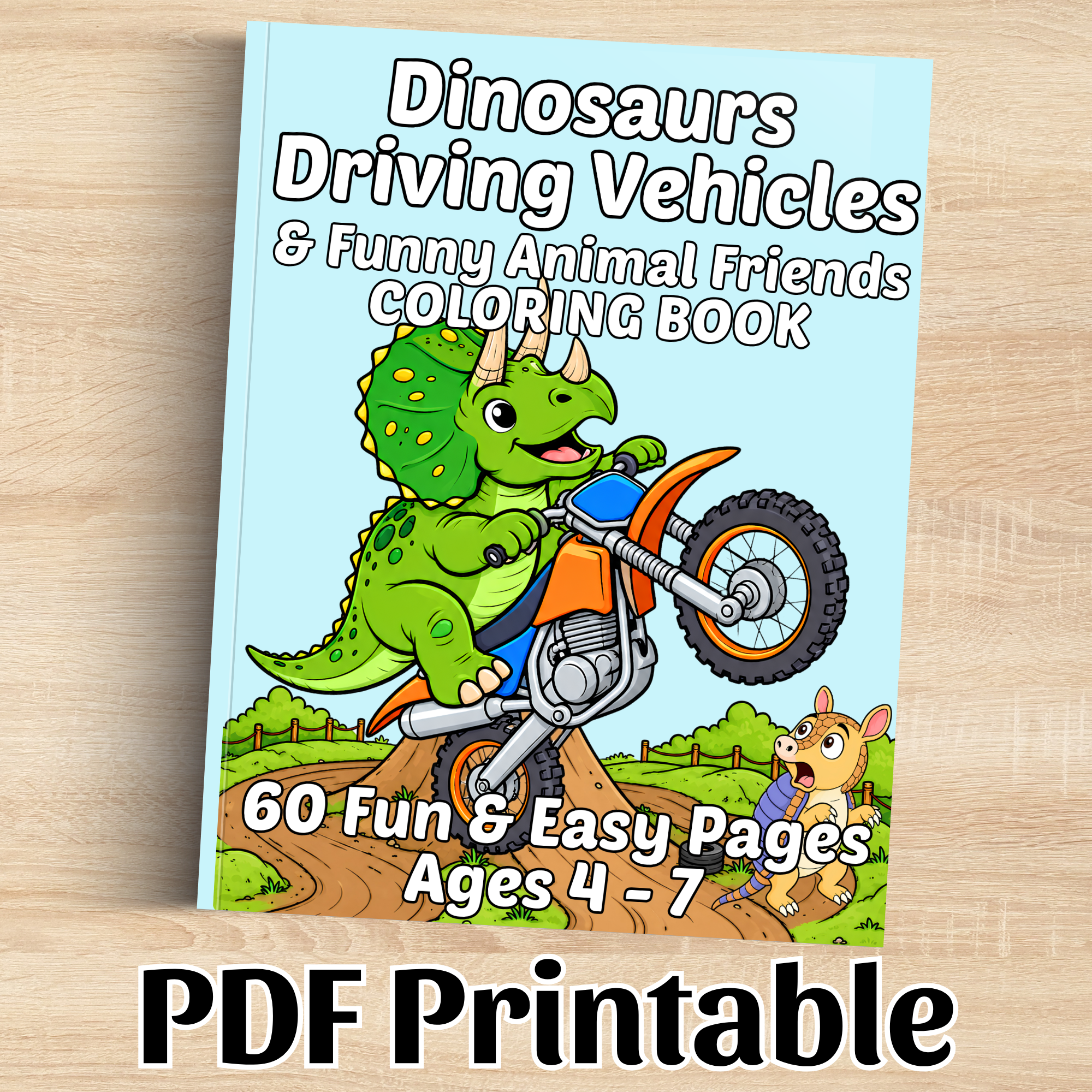 Digital Download: Dinosaurs Driving Vehicles and Funny Animal Friends Coloring Book for Ages 4-7.