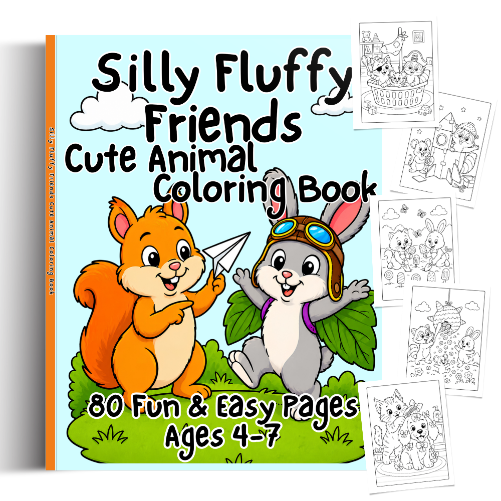 Cover of a coloring book titled "Silly Fluffy Friends Cute Animal Coloring Book" featuring a cartoon squirrel and cartoon rabbit with a paper airplane. Ready Rabbit Creations Coloring & Activity Books.