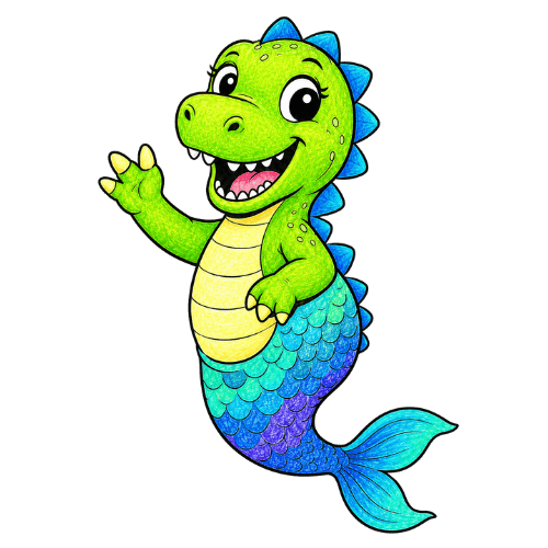 Cartoon green and blue seahorse with big eyes and a happy expression.