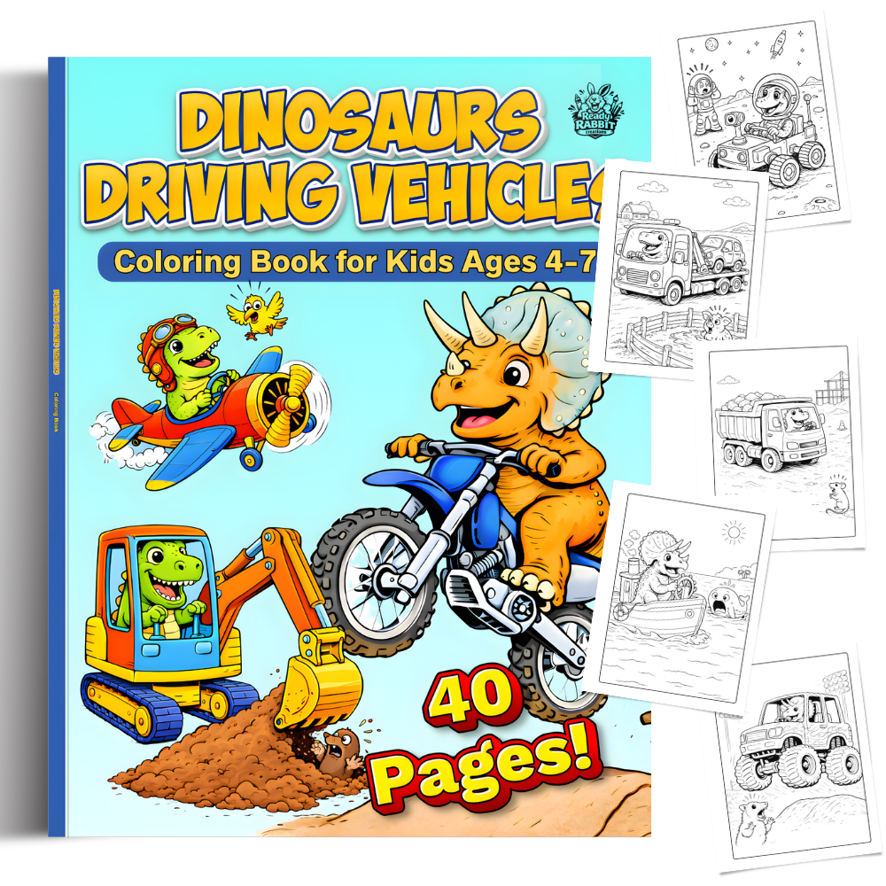 Coloring book cover titled "Dinosaurs Driving Vehicle" with cartoon dinosaurs riding vehicles, including a dinosaur driving a motorcycle, a dinosaur in a digger, and other dinosaurs in vehicles. Ready Rabbit Creations Coloring & Activity Books.