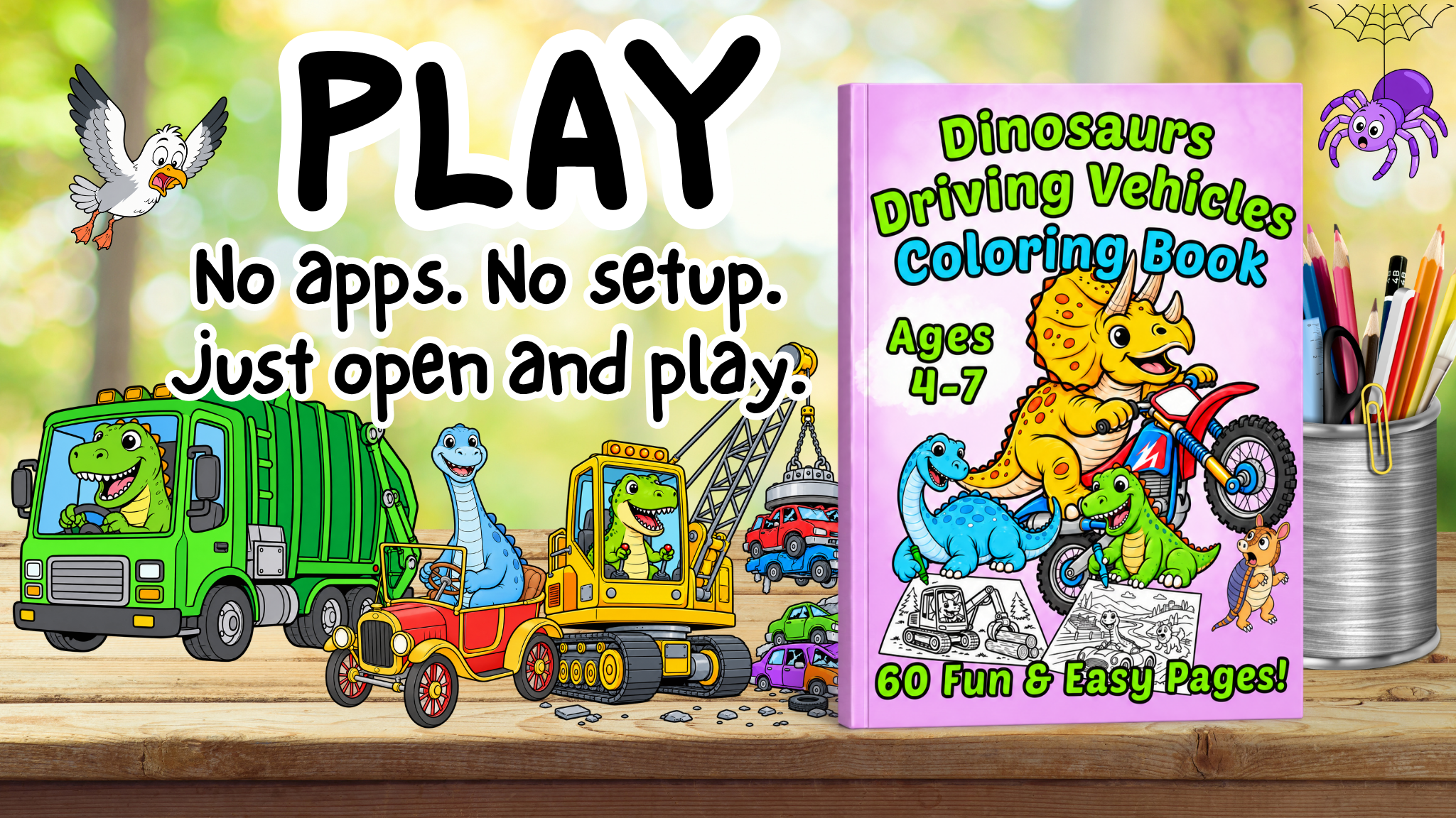 Coloring Book Book Dinosaurs Driving Vehicles featured on a table surrounded by illustrations of characters from book. Words "Screen-free play for on-the-go". Ready Rabbit Creations Logo.  