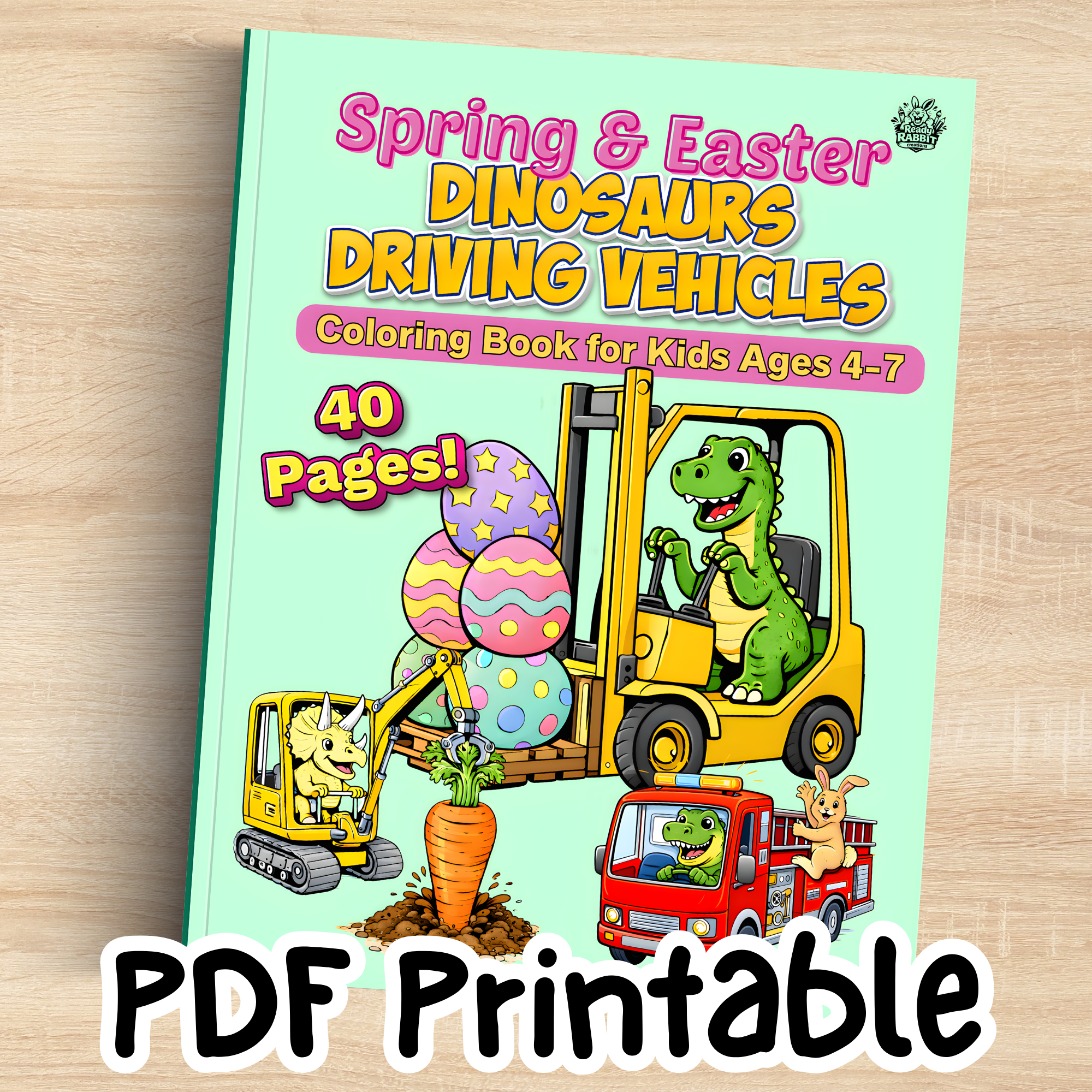 Digital Download: Spring & Easter Dinosaurs Driving Vehicles Coloring Book for Ages 4-7.