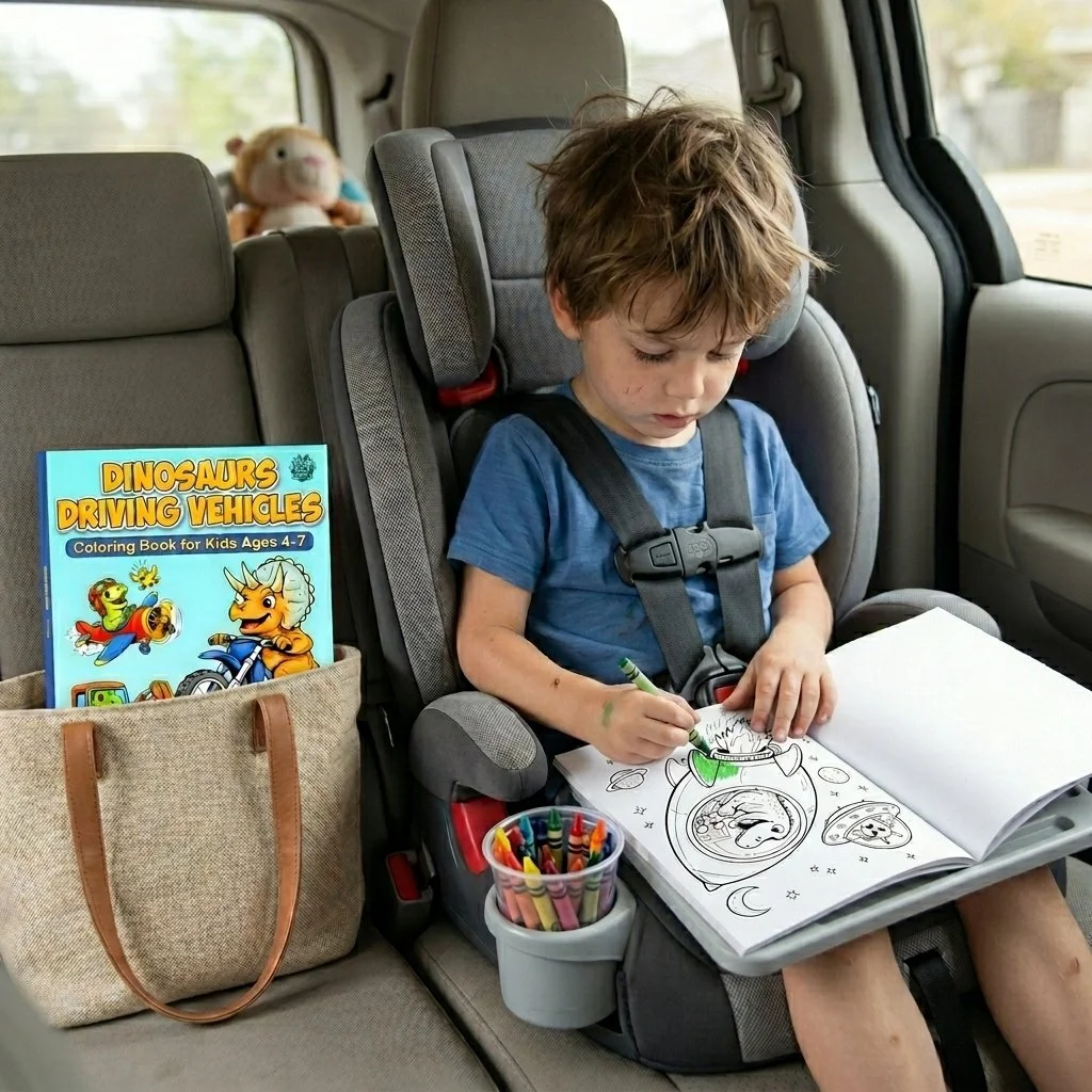 Child sits calmly in car coloring Dinosaurs Driving Vehicles Coloring Book by Ready Rabbit Creations