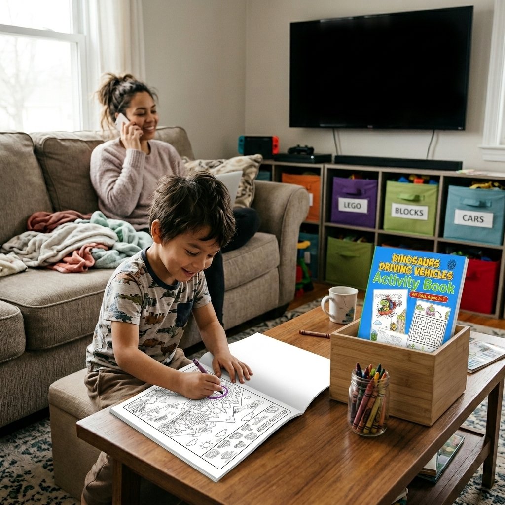 Child calmly coloring Dinosaurs Driving Vehicles Coloring Book by Ready Rabbit Creations