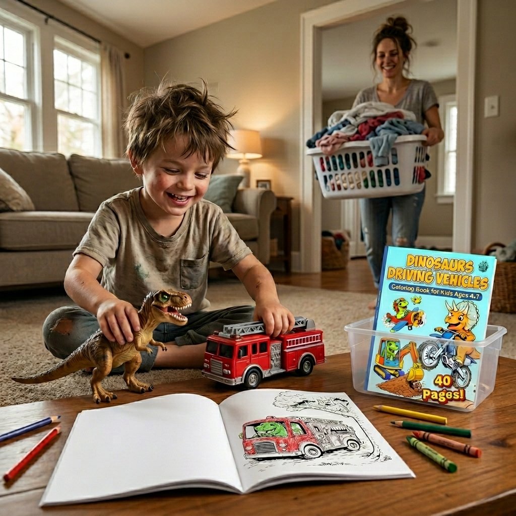 Child calmly coloring Dinosaurs Driving Vehicles Coloring Book by Ready Rabbit Creations also playing with toys
