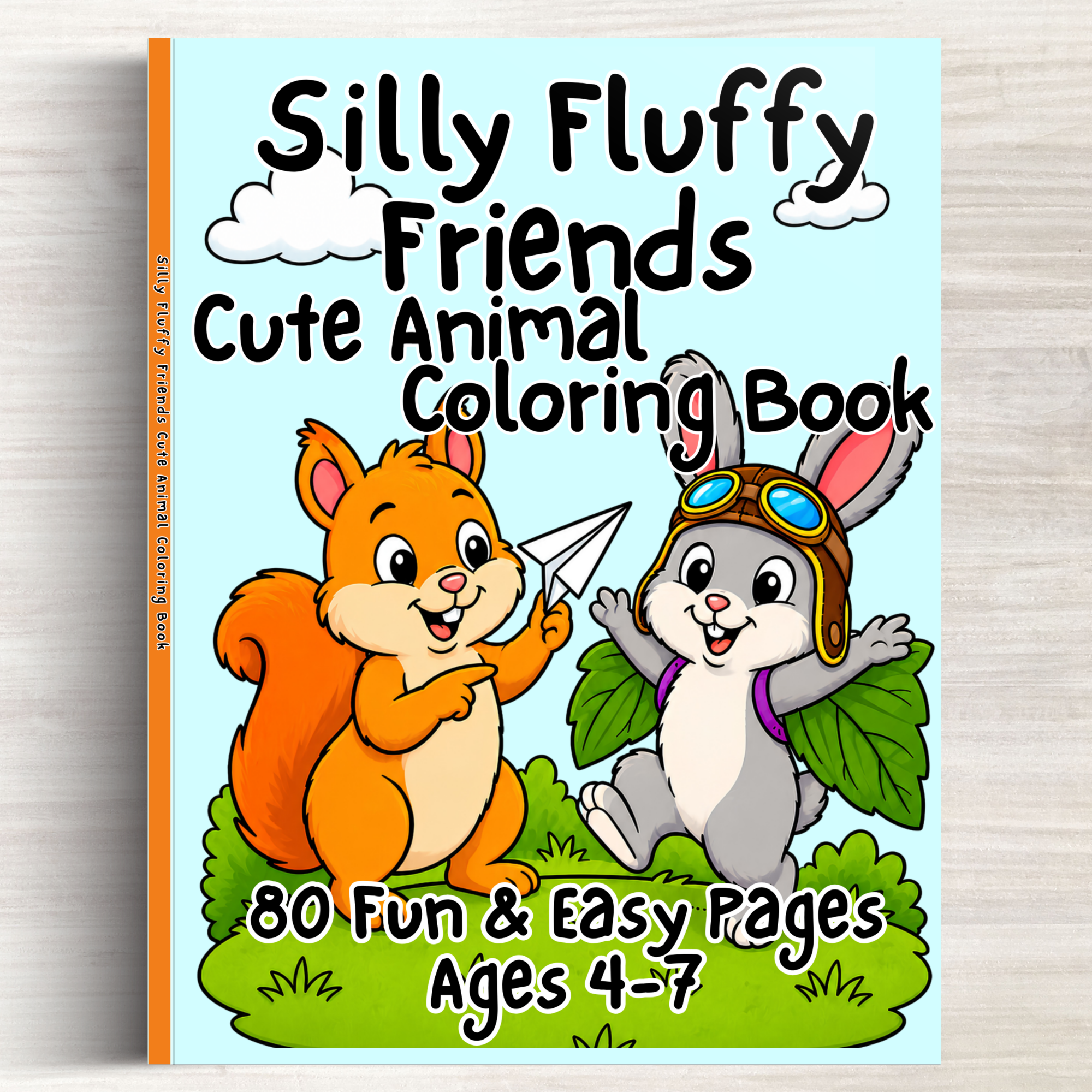 Colorful children's activity book cover titled 'Silly Fluffy Friends' with illustrations of a fluffy cat and a bunny rabbit dressed as an explorer, set on a grassy background. Ready Rabbit Creations Coloring & Activity Books.