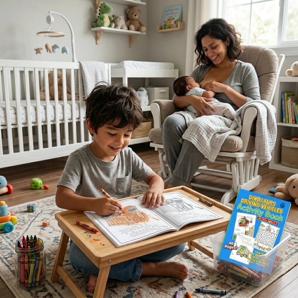 Child calmly coloring Dinosaurs Driving Vehicles Coloring Book by Ready Rabbit Creations while mother nurses baby sibling