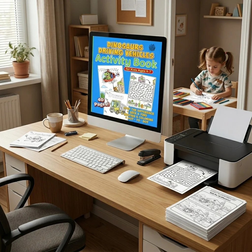 Activity Book: Dinosaurs Driving Vehicles Digital Download