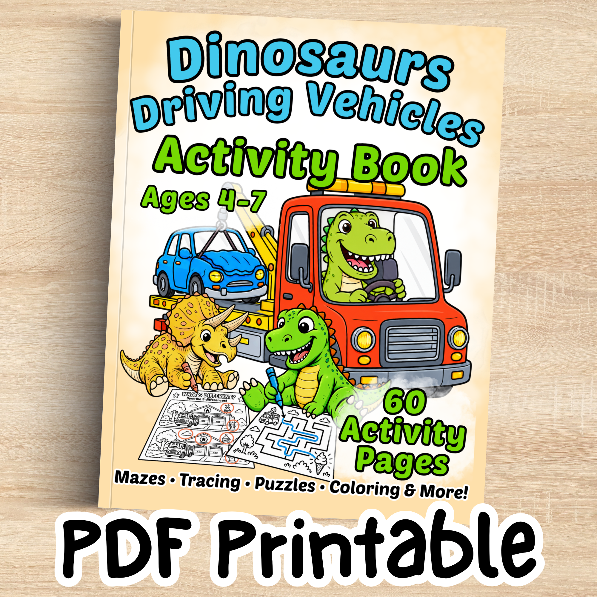 Digital Download: Dinosaurs Driving Vehicles Activity Book for Ages 4-7.