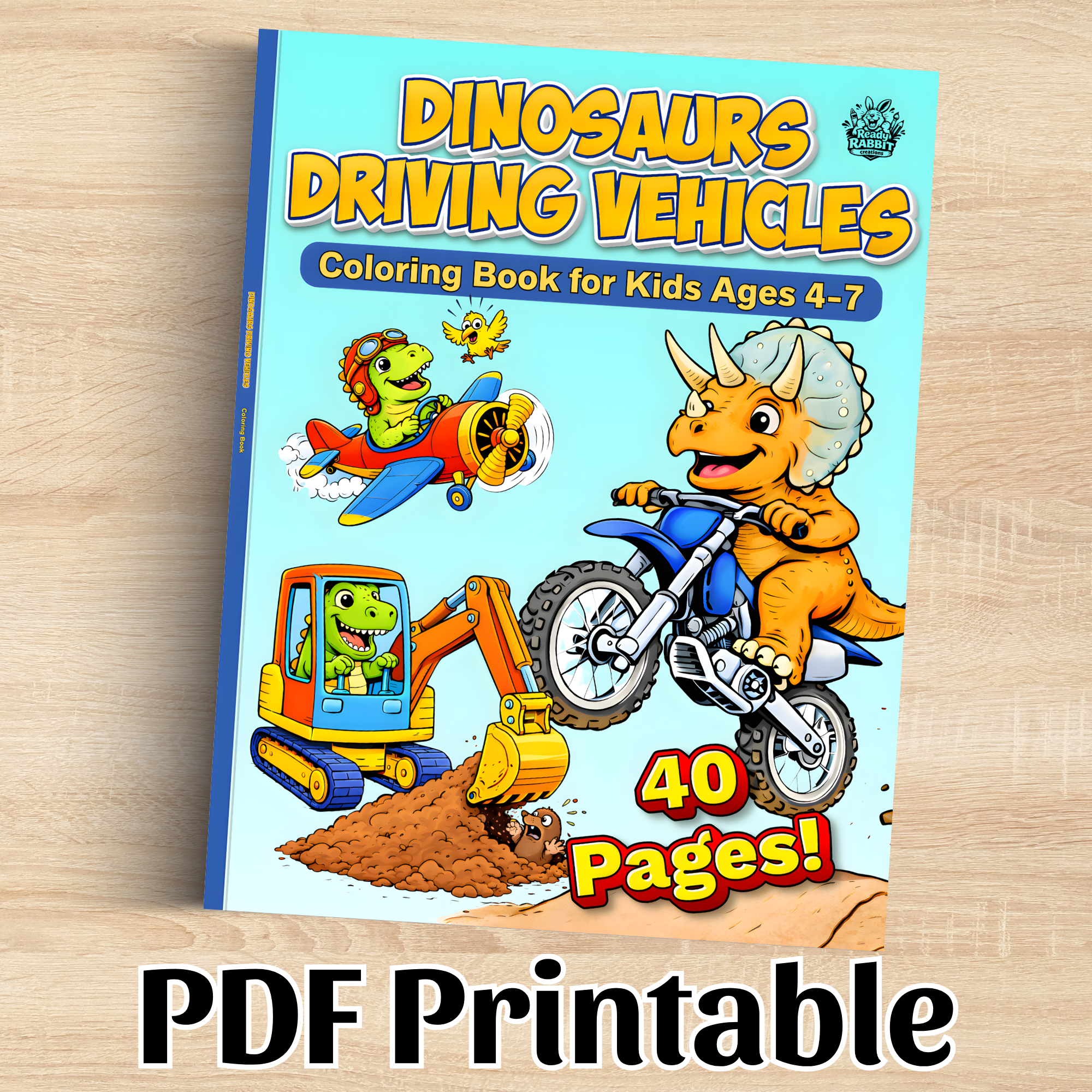 Digital Download: Dinosaurs Driving Vehicles Coloring Book for Ages 4-7.