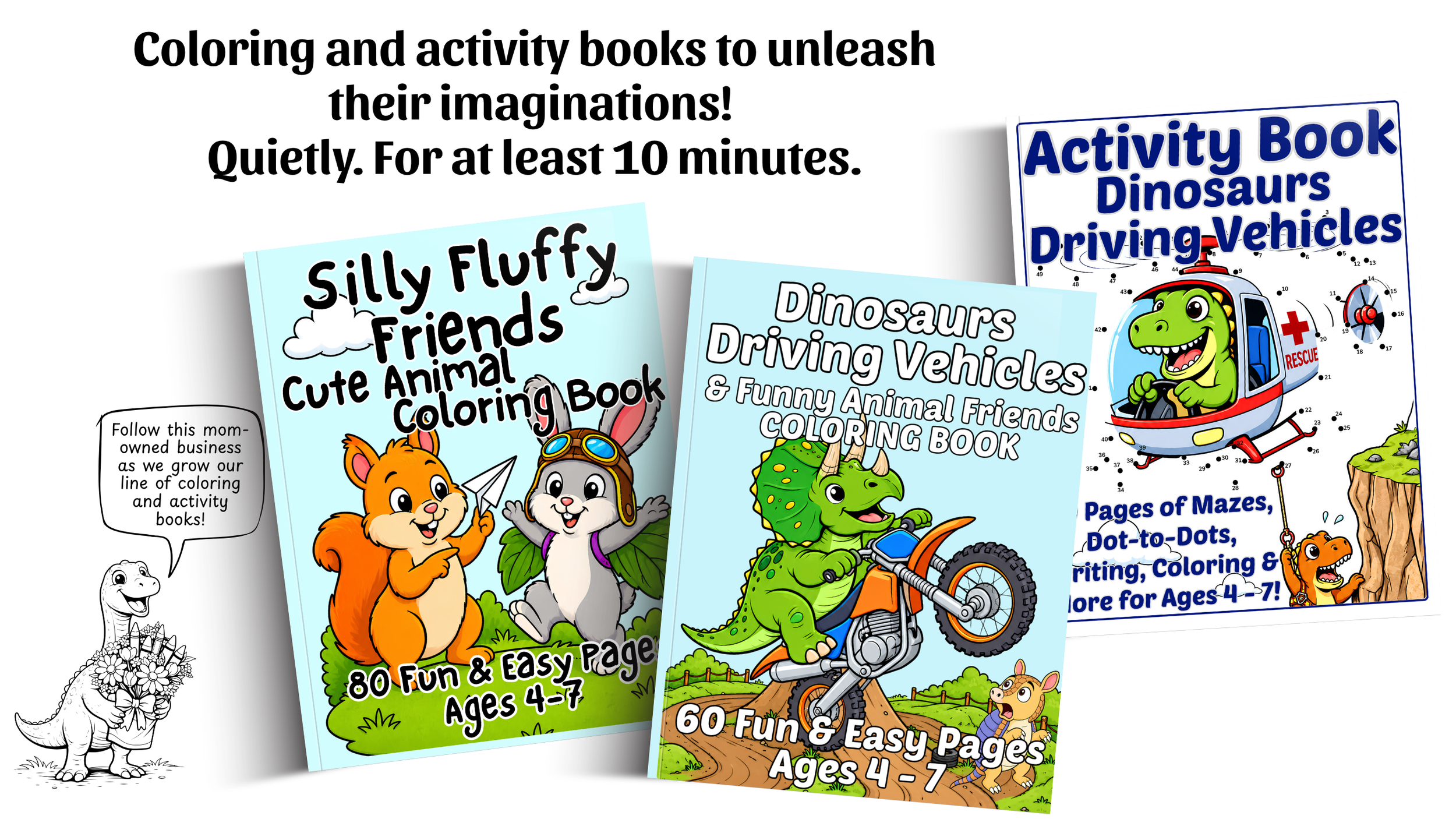Three illustrated children's activity books titled "Dinosaurs Driving Vehicles," with themes for spring, Easter, and general activities for kids ages 4-7. Ready Rabbit Creations Coloring & Activity Books.