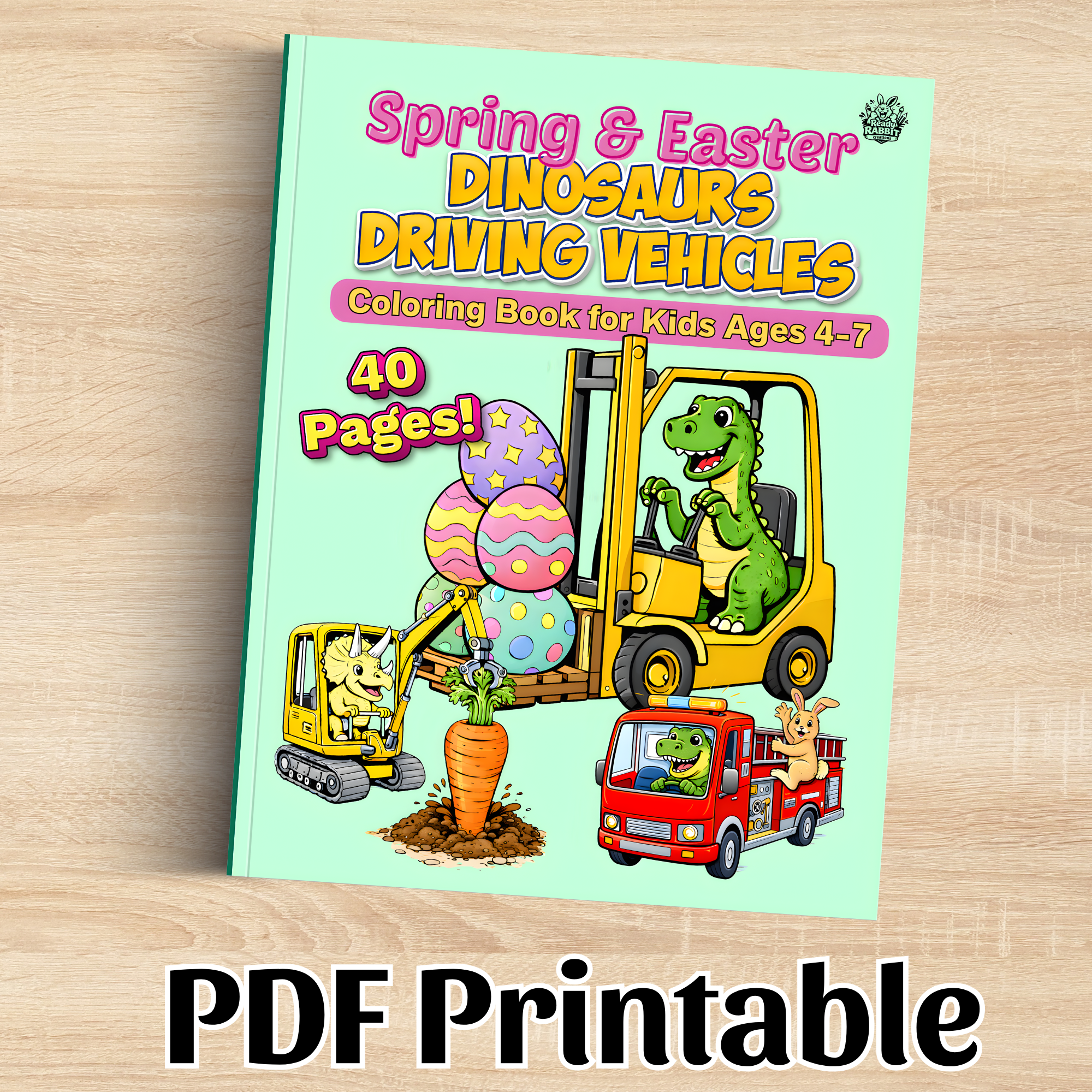Digital Download: Spring & Easter Dinosaurs Driving Vehicles Coloring Book for Ages 4-7.