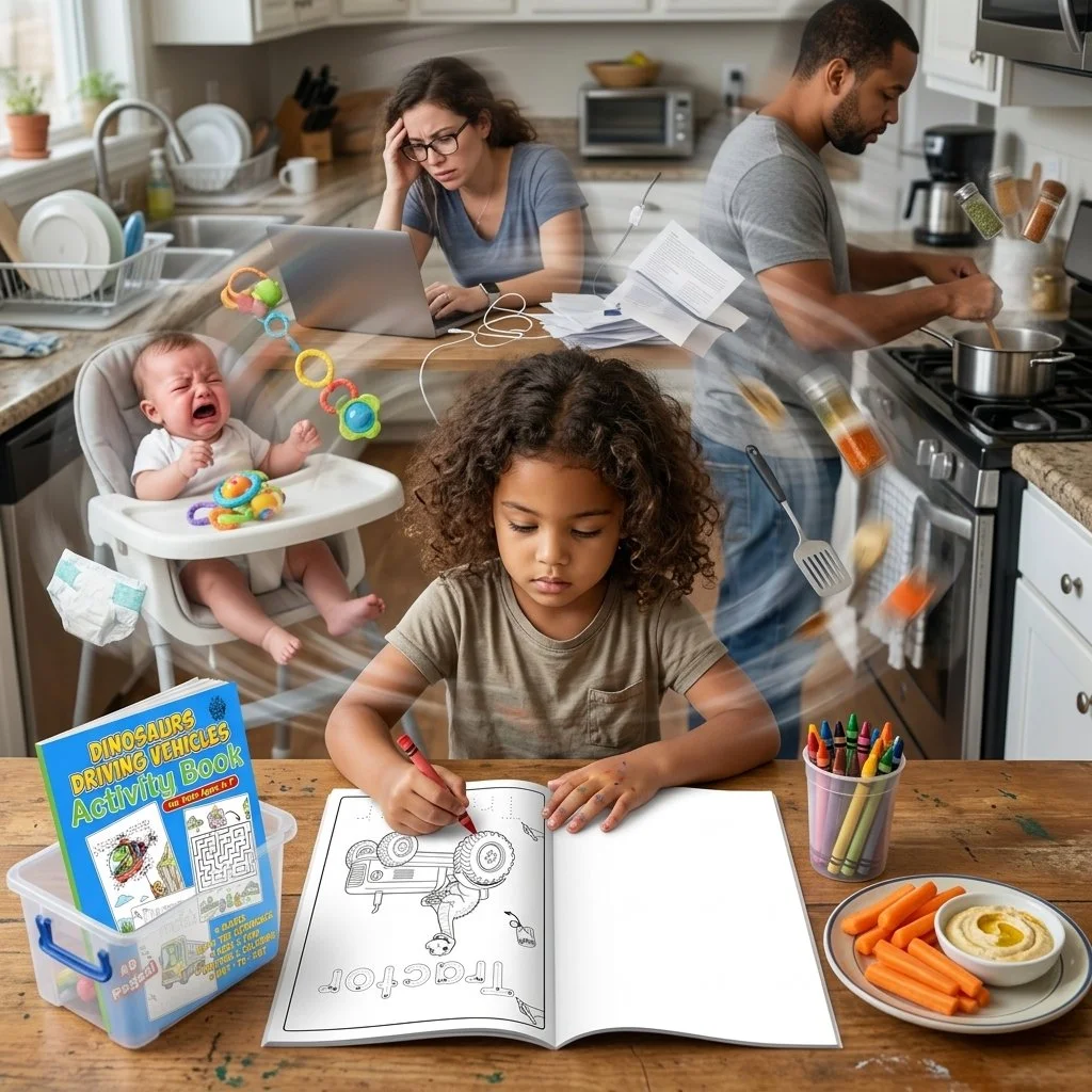 Child calmly coloring Dinosaurs Driving Vehicles Coloring Book by Ready Rabbit Creations while life swirls around her