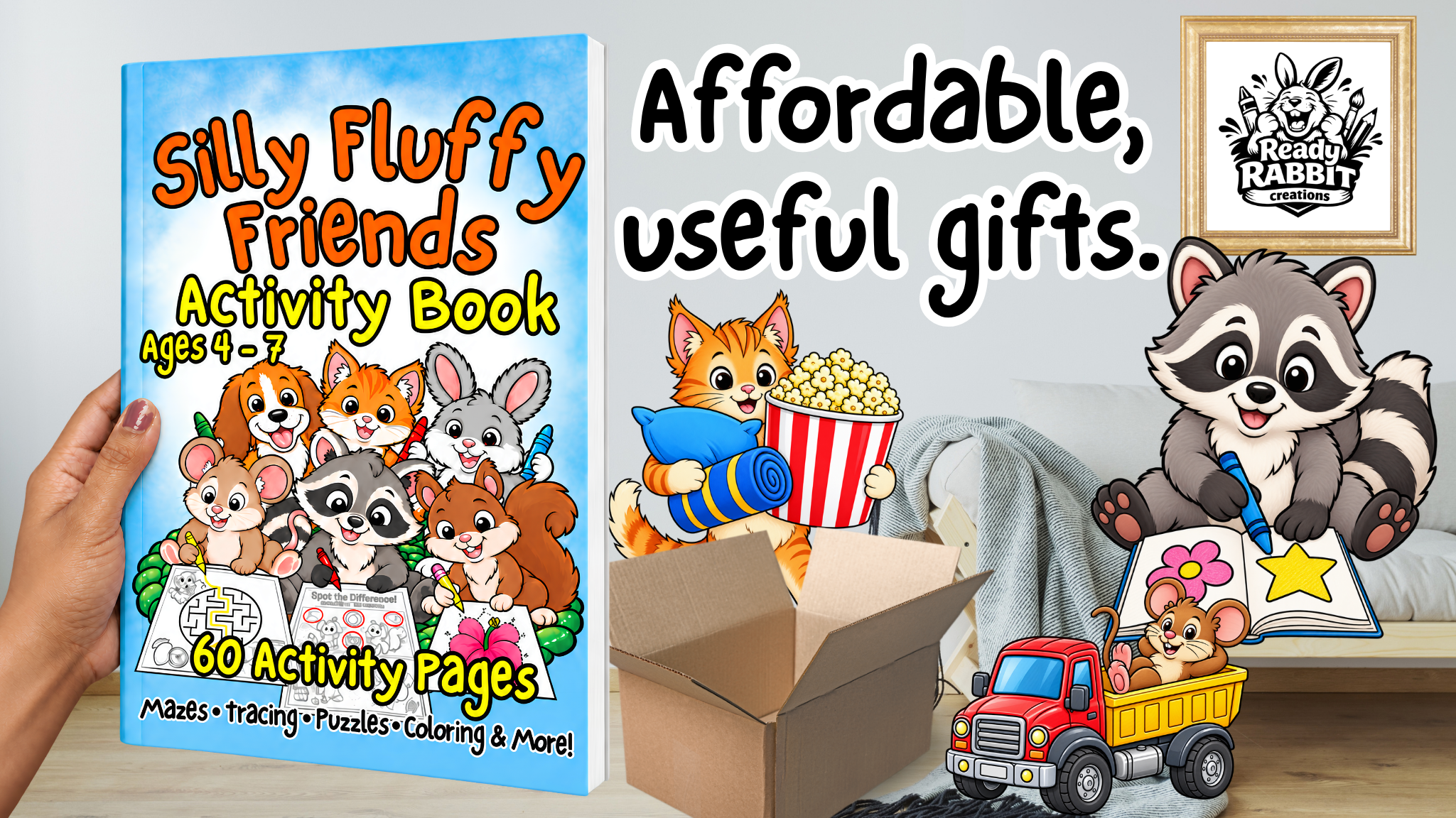Activity Book Silly Fluffy Friends held by a woman's hand near an open delivery box. Surrounded by illustrations of characters from book. Words "Affordable, actually useful gifts". Ready Rabbit Creations logo in frame in wall.  