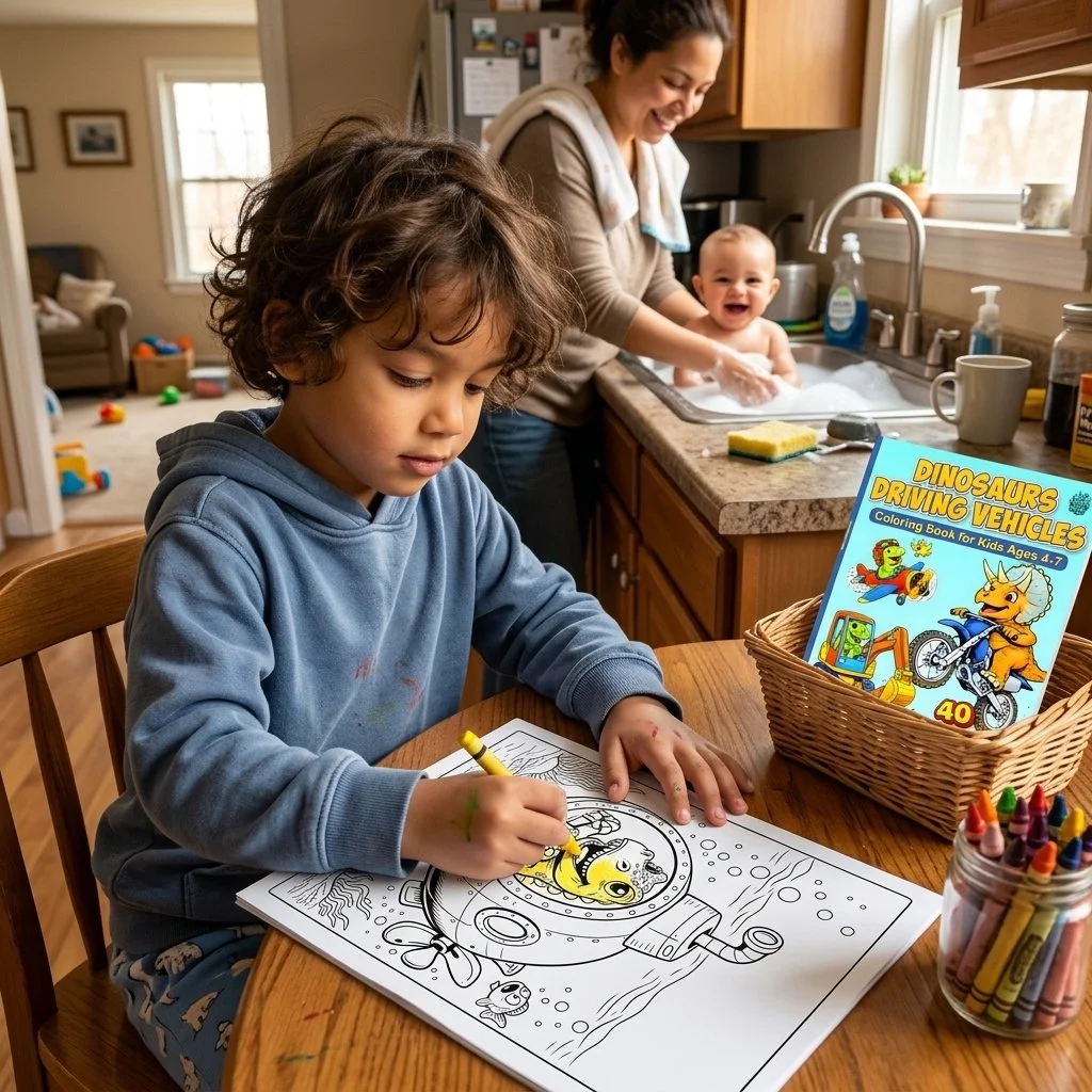 Child calmly coloring Dinosaurs Driving Vehicles Coloring Book by Ready Rabbit Creations