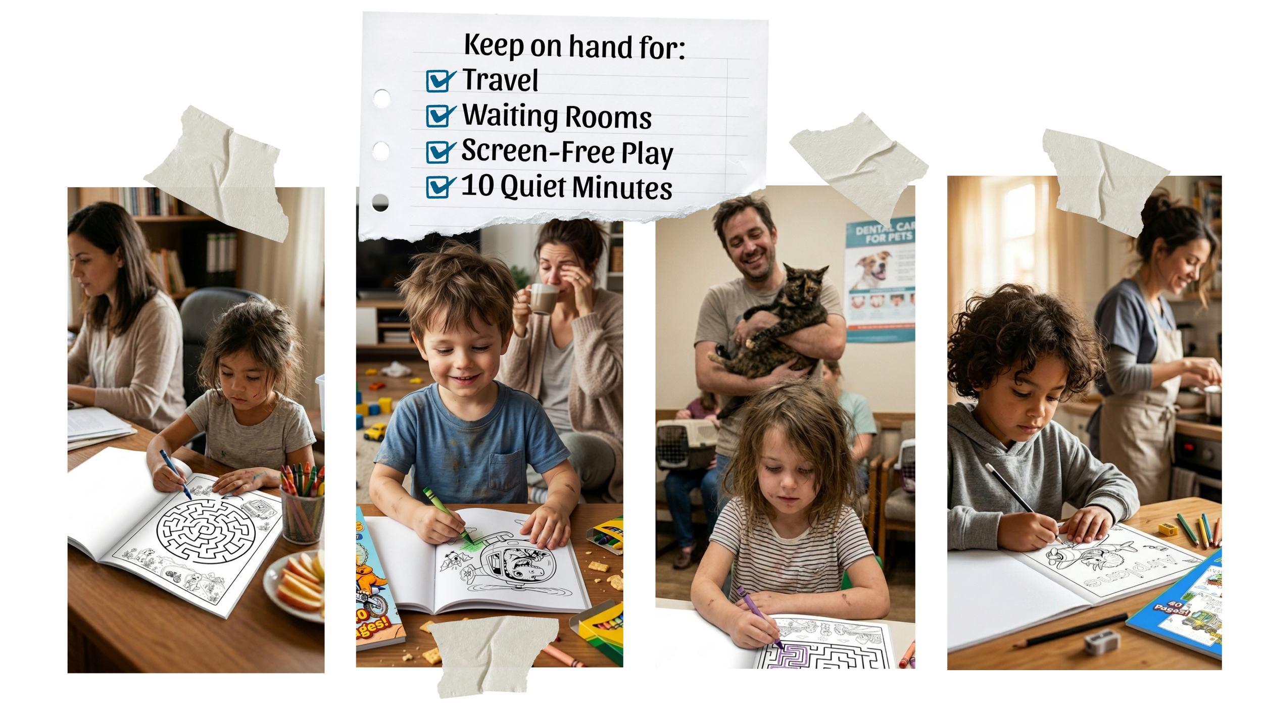A collage of four images showing children engaging in activities like coloring and playing, with a note listing essentials for travel, waiting rooms, screen-free play, and quiet time. Ready Rabbit Creations Coloring & Activity Books.