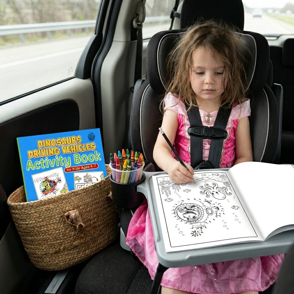 Child sitting in car calmly coloring Dinosaurs Driving Vehicles Activity Coloring Book by Ready Rabbit Creations