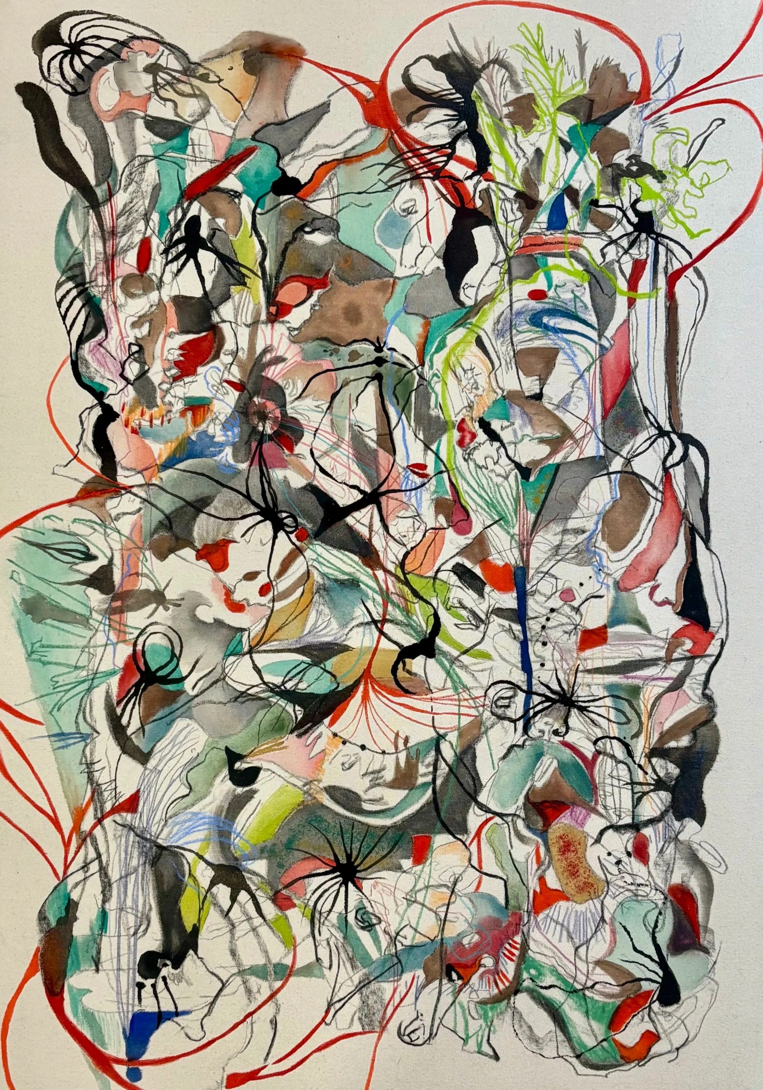 Assorted Joy, 2026 |
Vine Charcoal, Watercolor, Pan Pastel, Ink, Prismacolor, and Soft Pastel on Raw Canvas |
48 x 33 in  