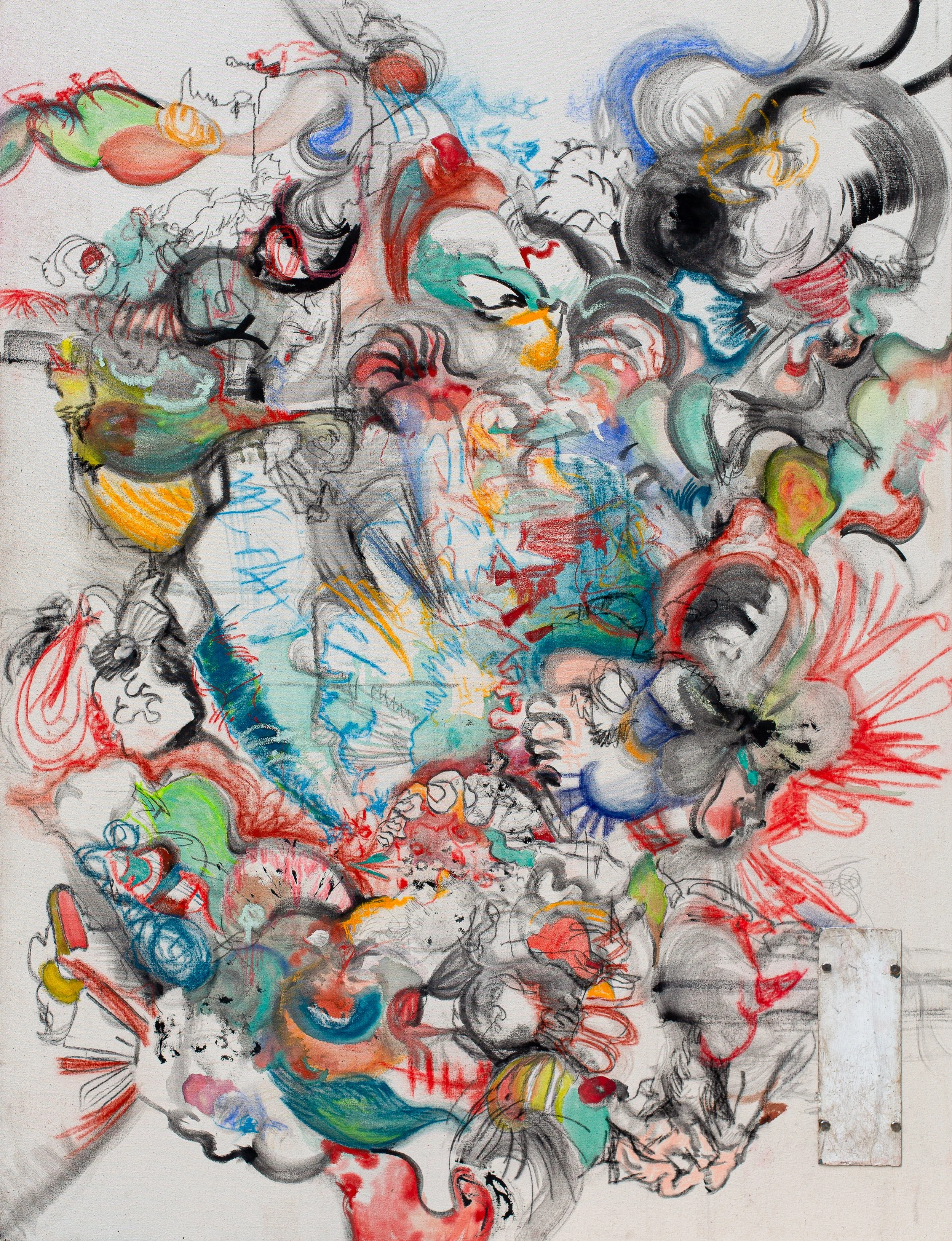 Commencement, 2023 |
Vine Charcoal, Watercolor, Soft Pastel, Acrylic, Oil Sticks and Found Object on Raw Canvas |
60 x 48 in