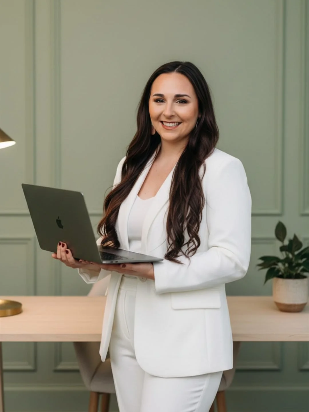 A professional woman with long dark hair smiling and holding a silver MacBook in a modern office with green walls and a plant.