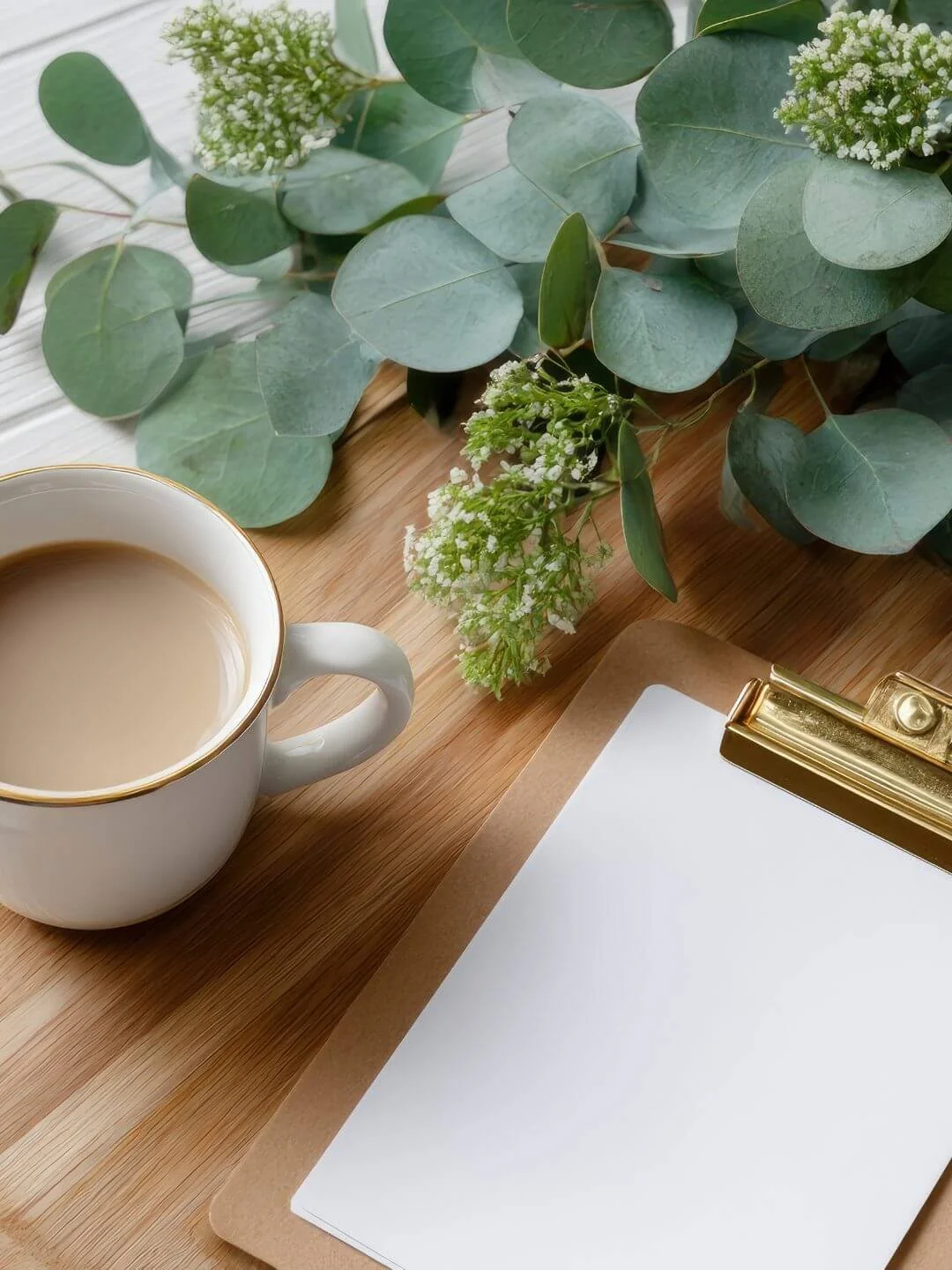 A white coffee mug with gold rim filled with coffee, a clipboard with a blank sheet of paper and gold clip, and a green leafy plant with small white flowers on a wooden surface.