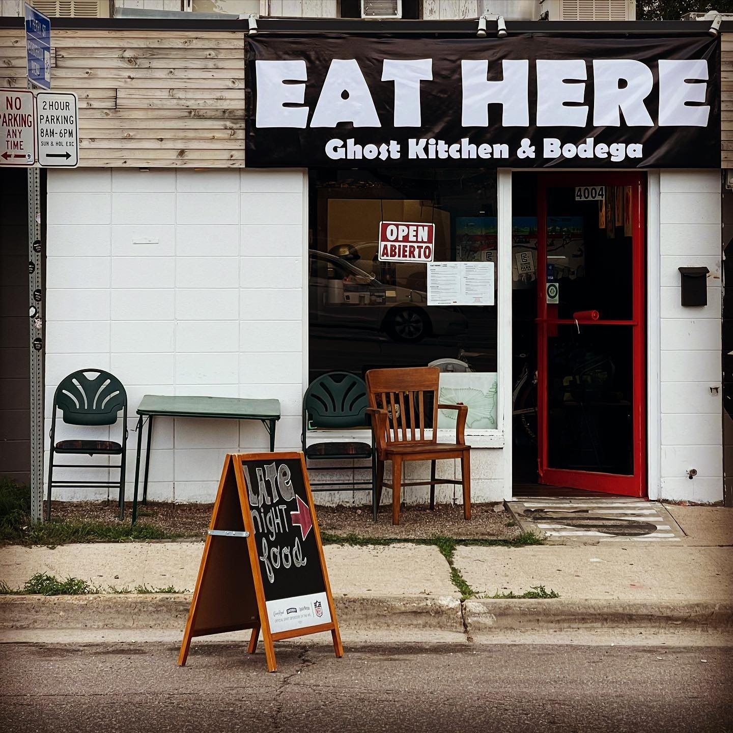 out front of eat here restaurant