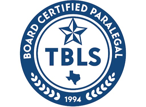 A circular blue and white logo with a star at the top, the text 'BOARD CERTIFIED PARALEGAL' around the top, '1994' at the bottom, and an outline of Texas with the initials 'TBLS' in the center.