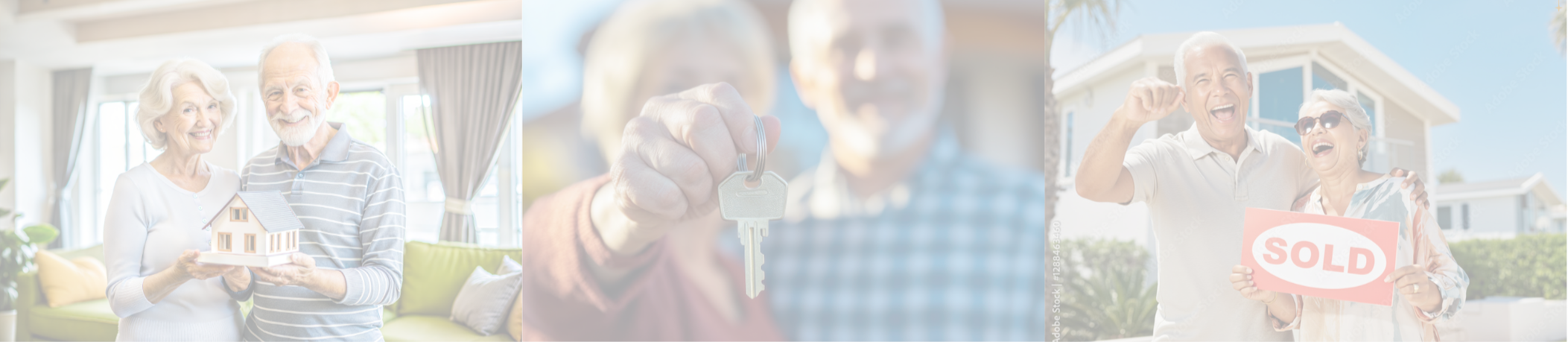 Older couple holding a small model house indoors, showing a house sale, with a close-up of a hand holding a key, and a happy couple celebrating outside in front of a house with a 'sold' sign.