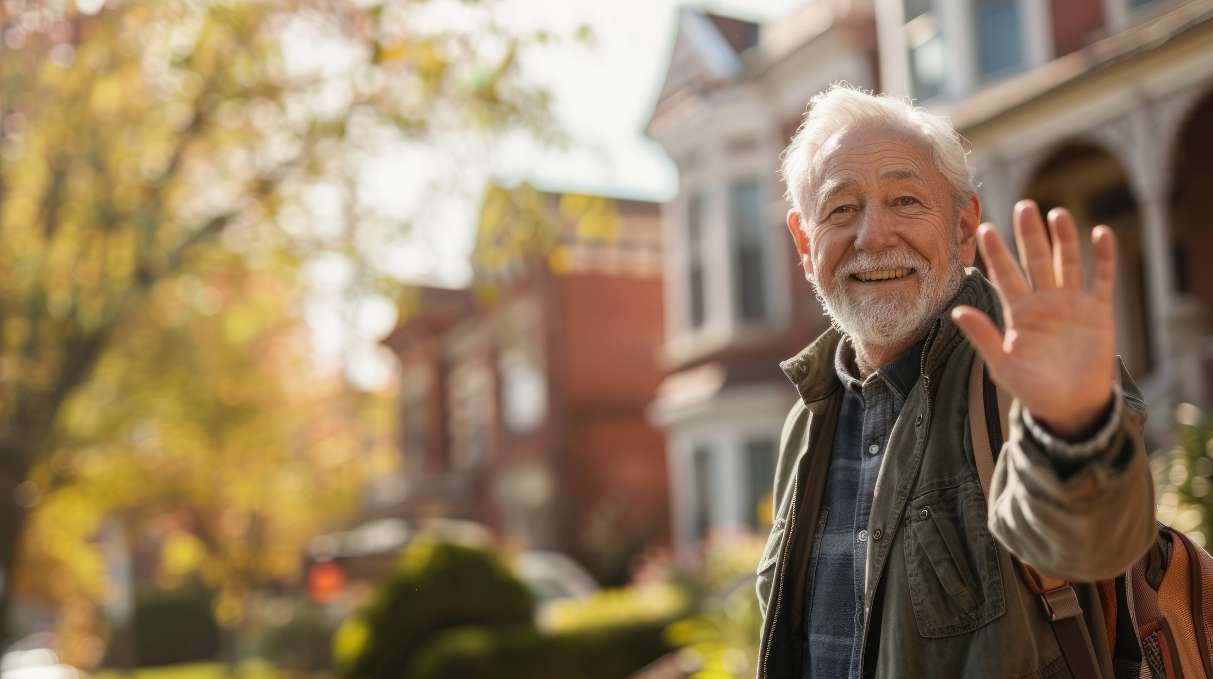 An elderly man with white hair and beard smiling and waving while walking outdoors in front of houses on a sunny autumn day.