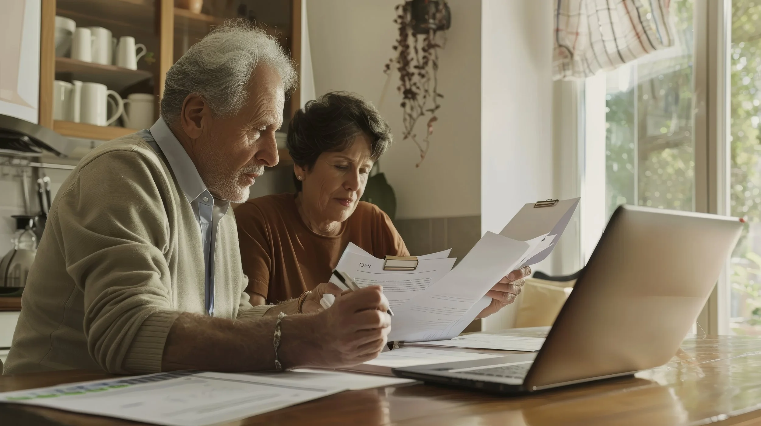 An elderly man and woman sitting at a dining table with papers and a laptop, reviewing documents together in a well-lit kitchen.