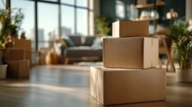 Cardboard boxes stacked in a living room with large windows and plants.