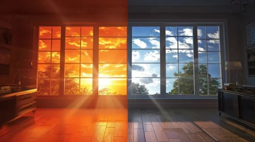 A room with large windows showing a sunset on the left side and a daytime sky with clouds on the right side.