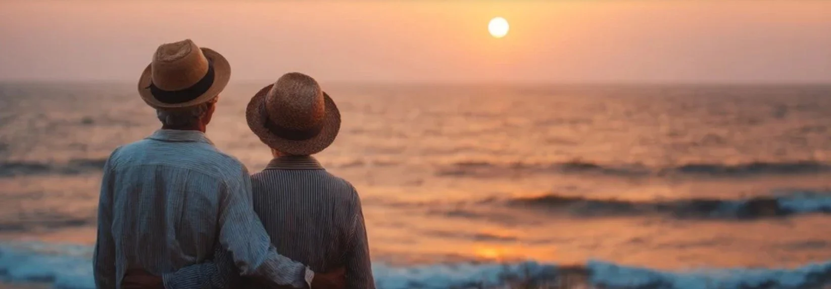 An elderly couple wearing hats stands together on the beach, watching the sunset over the ocean.