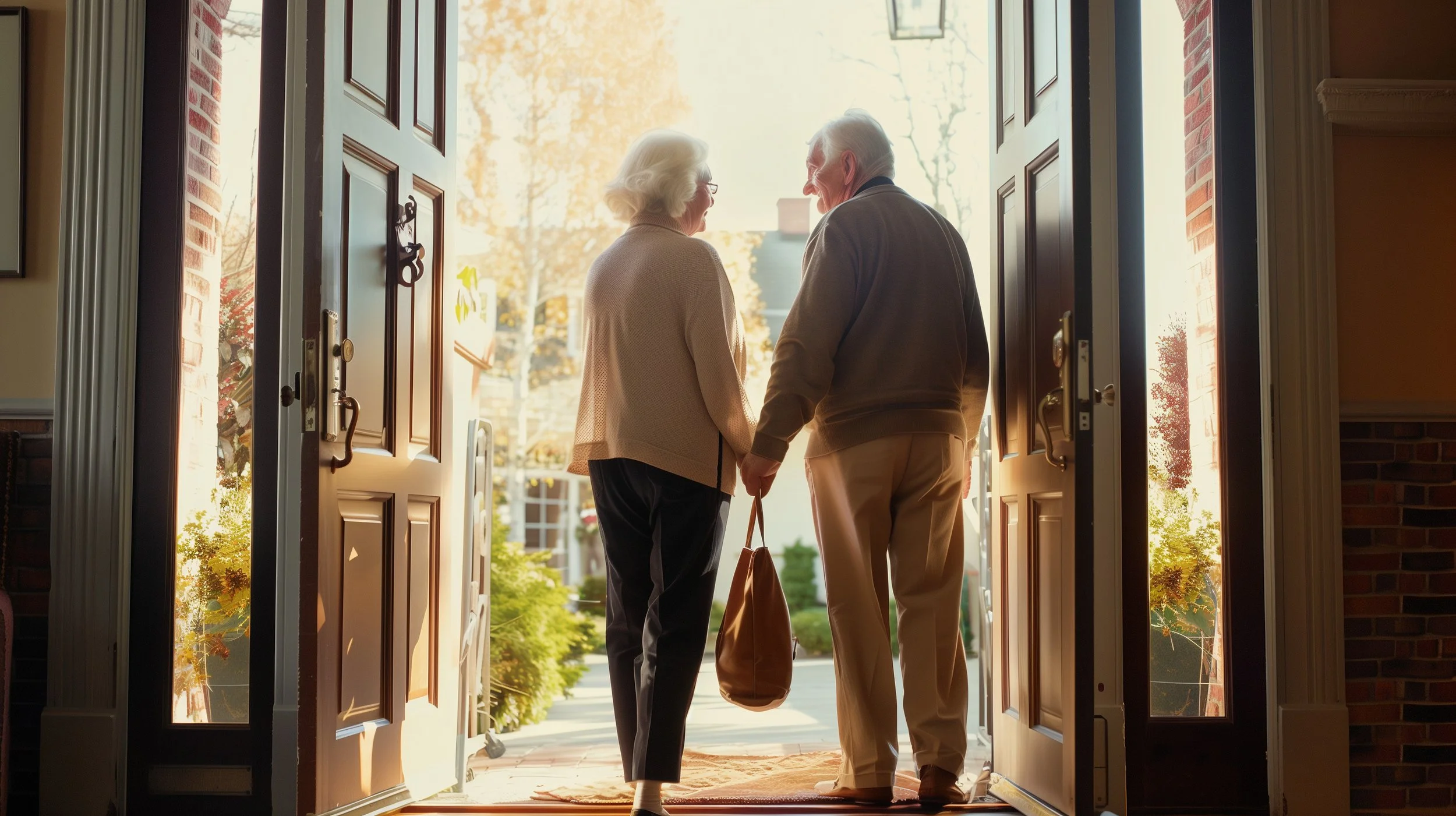An elderly couple standing at the front door of a house, holding hands and smiling at each other during sunset.