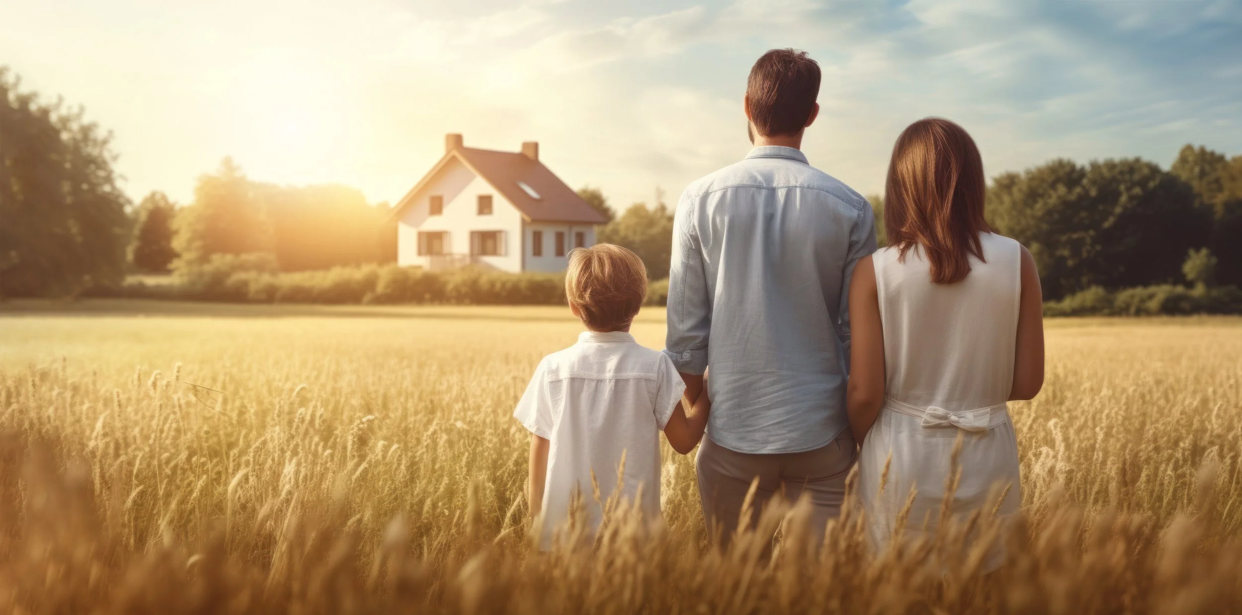 A family of three walking through a golden wheat field towards a white house in the distance during sunset.
